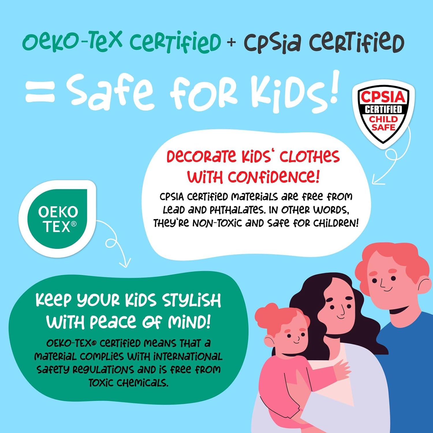 Graphic showing OEKO-TEX and CPSIA certifications, indicating the product is safe for kids.