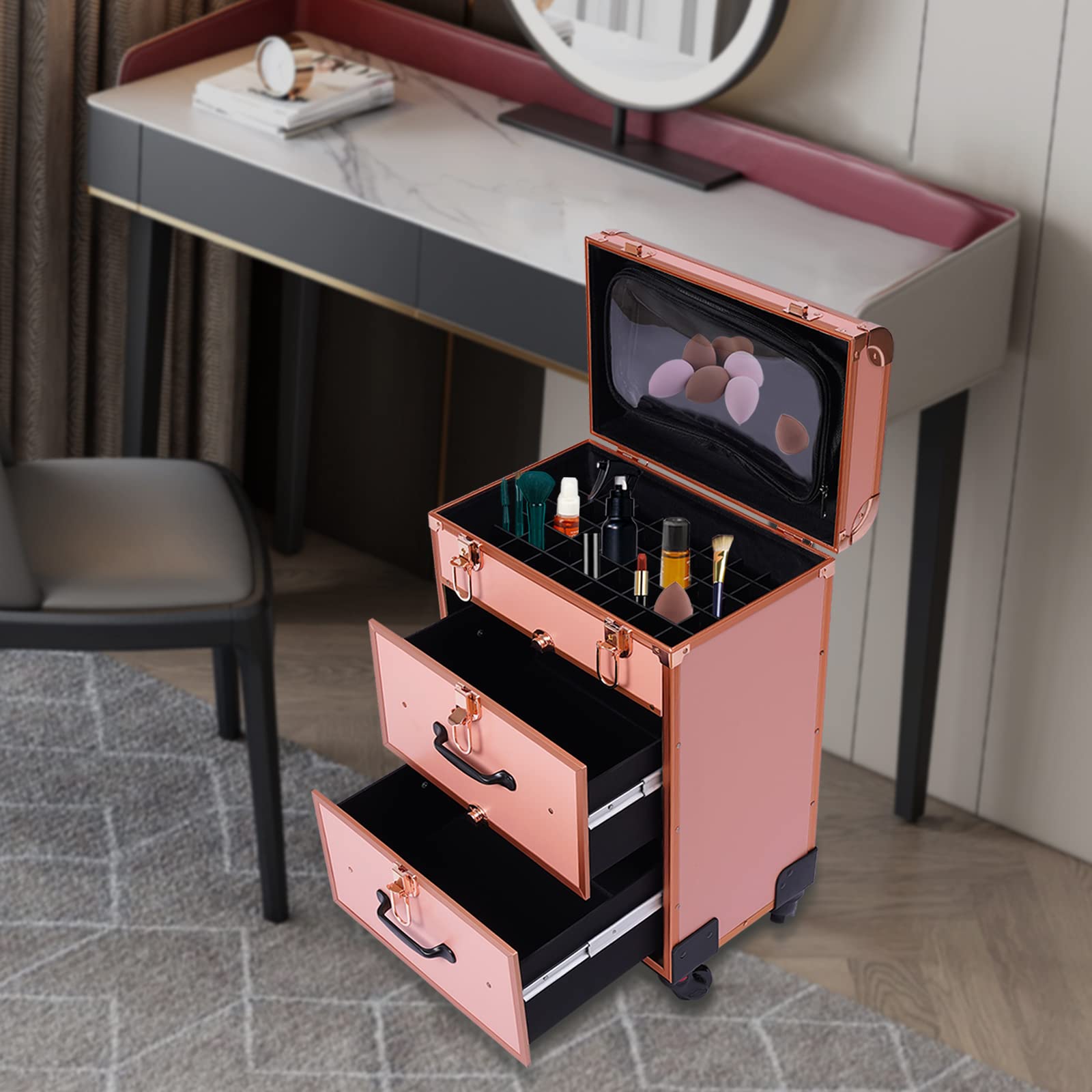 Kosmetikkoffer Trolley mit Schublade, Professionell Trolley Schminkkoffer Nagelkkoffer, Groß Abschließbar Schminkkoffer Damen mit Rollen für Reise Kosmetikerin Friseurerin (Gold)