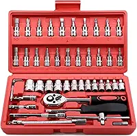 Jogo de Soquete Kit com 46 peças Ferramentas Chave Catraca Conjunto de Soquetes Métricos Sextavadas Chave Allen Torx e Barra de Extensão Reparos Automotivos e Domésticos Premium