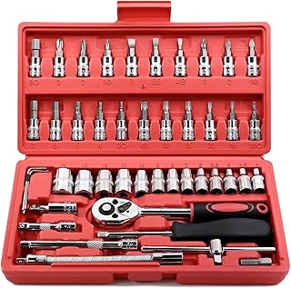Jogo de Soquete Kit com 46 peças Ferramentas Chave Catraca Conjunto de Soquetes Métricos Sextavadas Chave Allen Torx e Barra de Extensão Reparos Automotivos e Domésticos Premium - Produto 7 mais recomendado com 4.3 estrelas