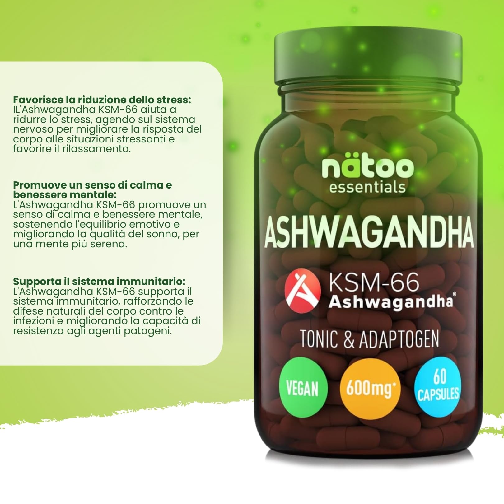 Bio Ashwagandha Ksm-66 Aiuta ad Abbassare il Cortisolo 60 Capsule Vegetali con Withania Somnifera 600 Mg per Dose Integratore Ashwagandha Pura (Ginseng Indiano), Qualità Premium KSM 66, Vegano