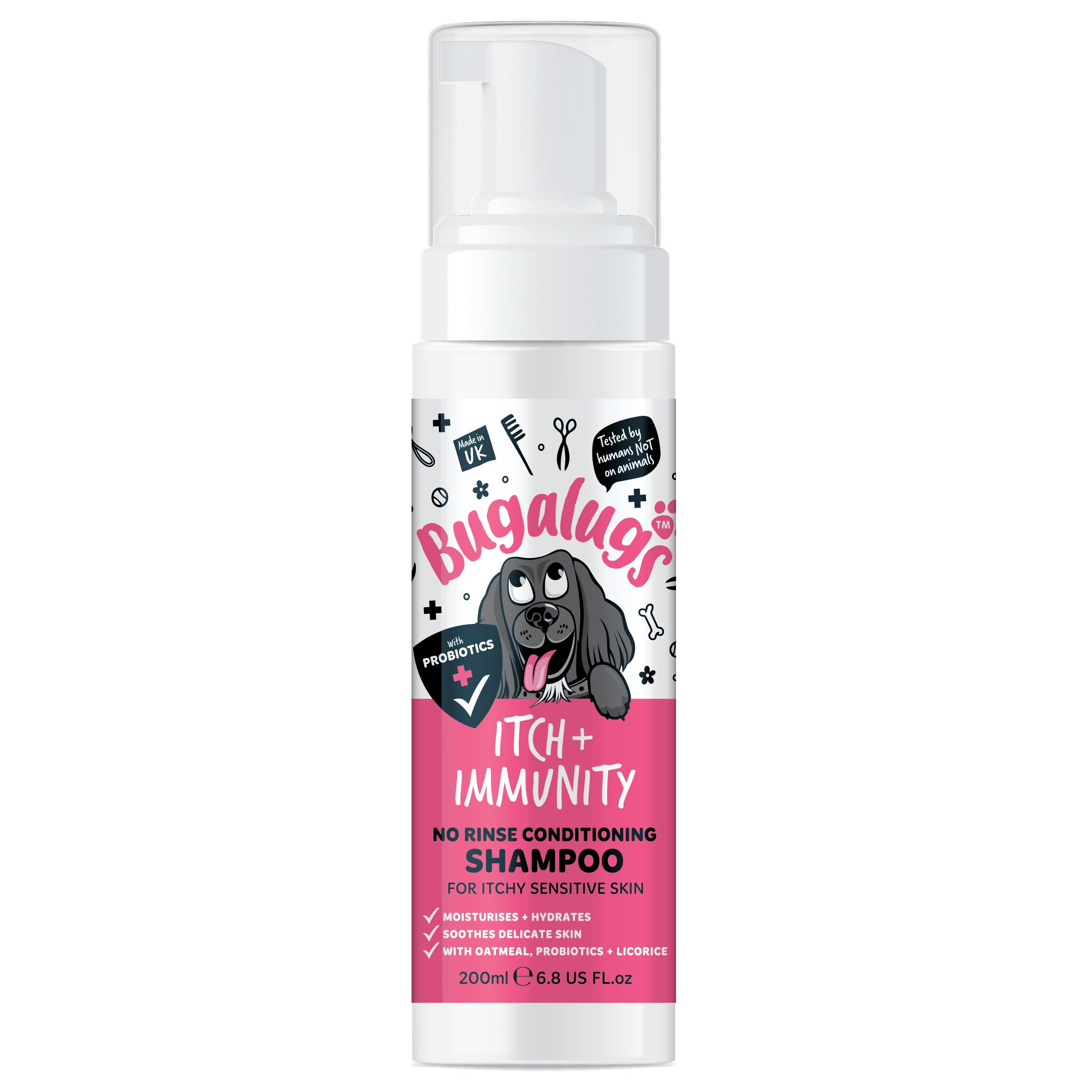 Bugalugs Itch & Immunity Dog No Rinse Shampoo Sensitive Skin - Professional Pet Grooming for Smelly Puppies and dogs with Probiotics (No Rinse Shampoo 200ml)