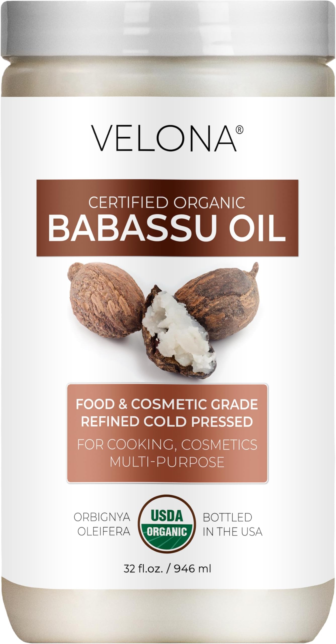 velona Babassu Oil USDA Certified Organic - 32 Fl Oz | 100% Pure and Natural Carrier Oil | Refined, Cold Pressed | Face, Hair, Body & Skin Care and Cooking | Use Today - Enjoy Results