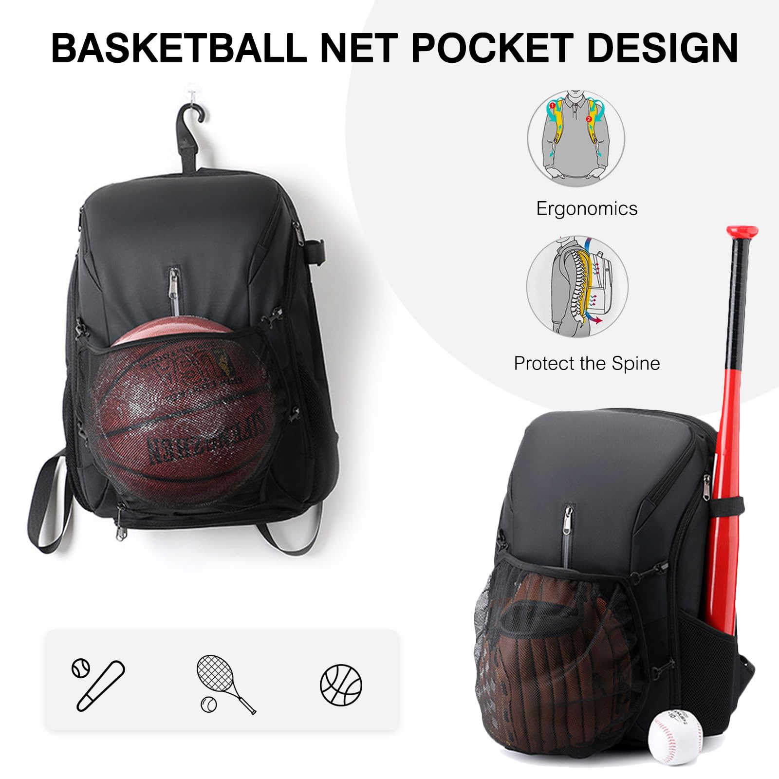FANDARE Basket Borse per attrezzatura Tennis Badminton Zaini casual Zaino da Escursionismo Uomo Donna Zainetto PC Portatili Borsone Viaggio Zainetto Trekking Cartella con scompartimento di scarpe