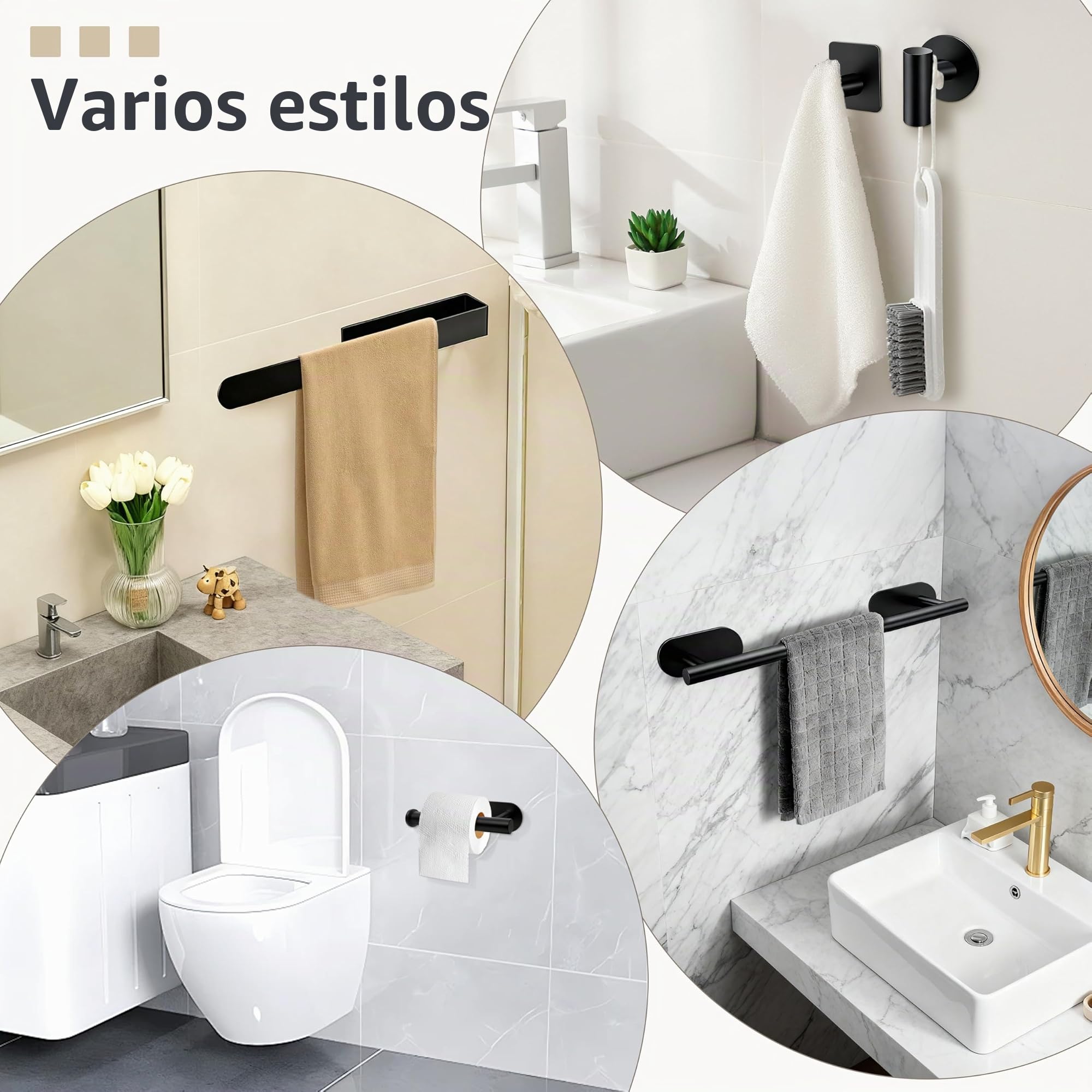 Toalleros de Baño Sin Taladro 8PCS Juego de Herrajes de Baño de Acero Inoxidable Gancho para Toallas Portarrollos para Papel para Baño y Cocina (Negro)