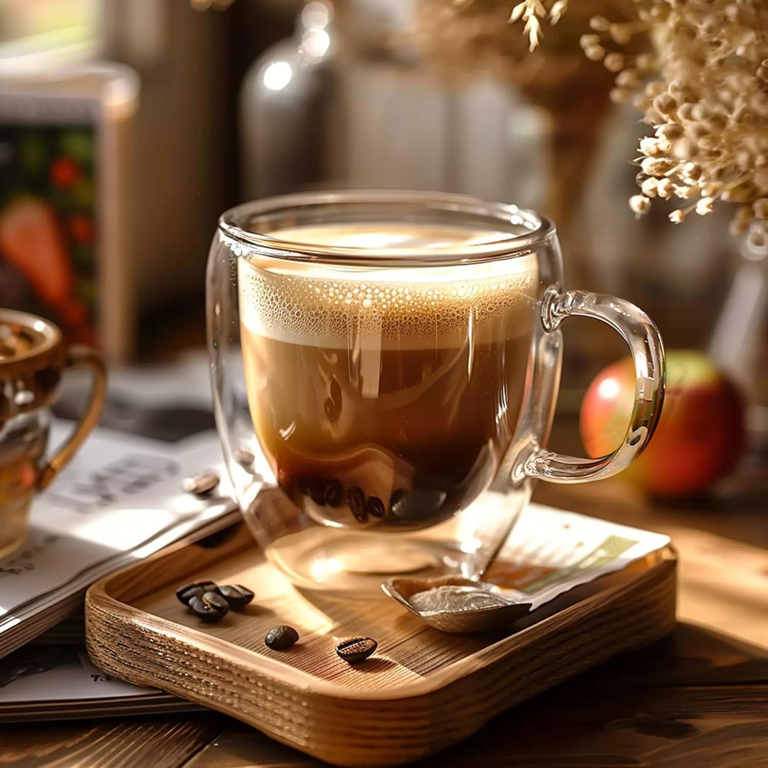 renovon Çift Katmanlı Cam Kupa Bardak 250 ml Lüx Çift Cidarlı kupa - Termos Bardak - İki Duvarlı Yapısı ile Uzun Süre Sıcak-Soğuk Tutma özelliği, Kulplu Kahve Espresso Bardağı Brosilikat double layer Cup