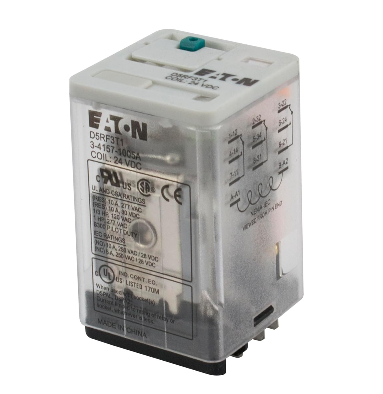 CUTLER HAMMER D5RF3A D5 Series, 3 Pole, Full Featured Relay, General Purpose Plug-in, 120V AC, Relay