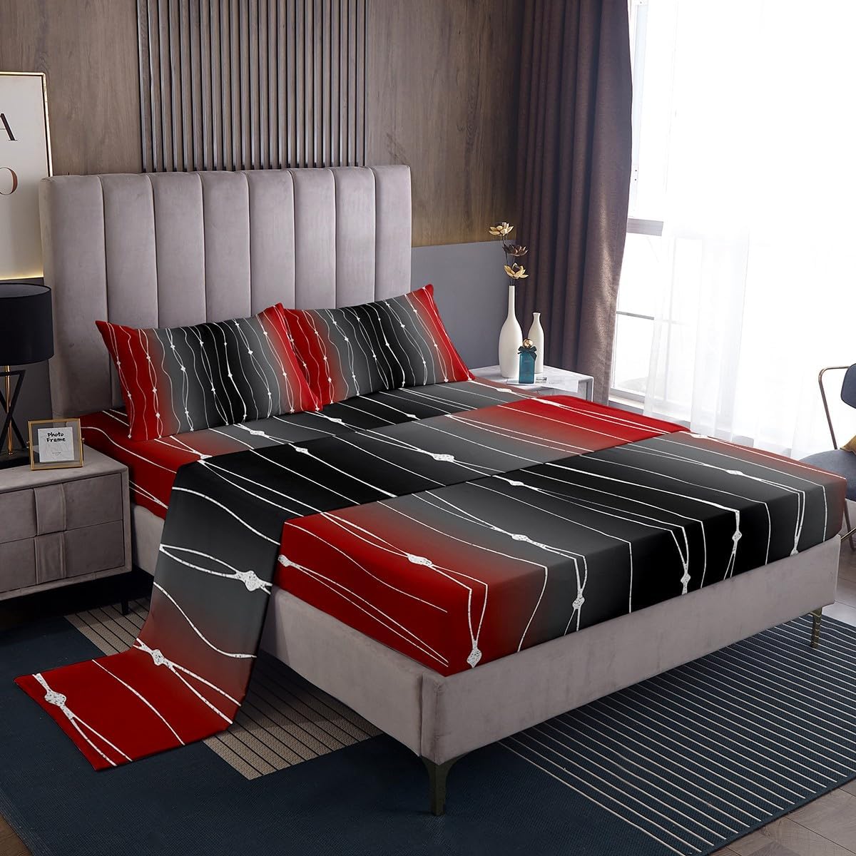 Erosebridal Black and Grey Ombre Bed Sheets Set Aesthetic Gradient Twin Size Sheet Sets, Abstract Geometric Stripes Sheets Colorful Watercolor Bed Set, Wave Lines and Dots Flat Sheet Microfiber