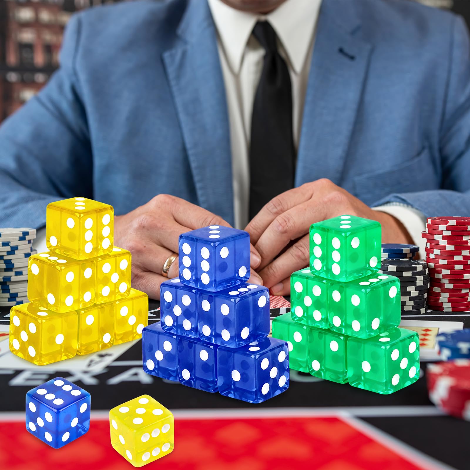 Hooqict Juego de 36 dados de casino de 19 mm, juego de dados grandes de acrílico de 6 caras a granel para casino Vegas, matemáticas, aula, suministros de enseñanza, juegos de mesa (negro, rojo, azul