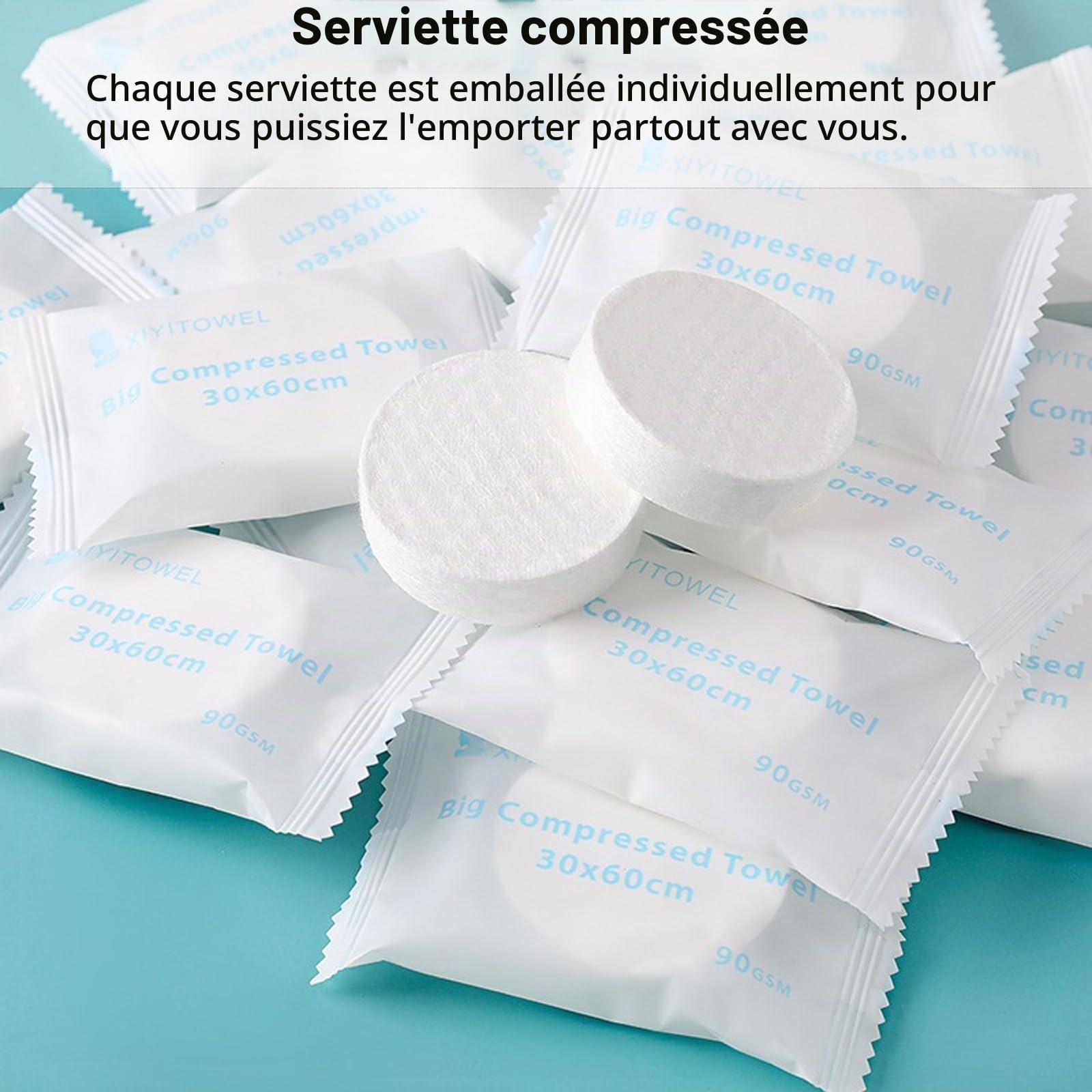 Serviettes Compressées Jetables Extra Épaisses 30x60cm - 100% Coton Hypoallergénique, Ultra-Absorbantes, Emballage Individuel Portable pour Voyage/Camping/Hôtel (Paquet de 10)