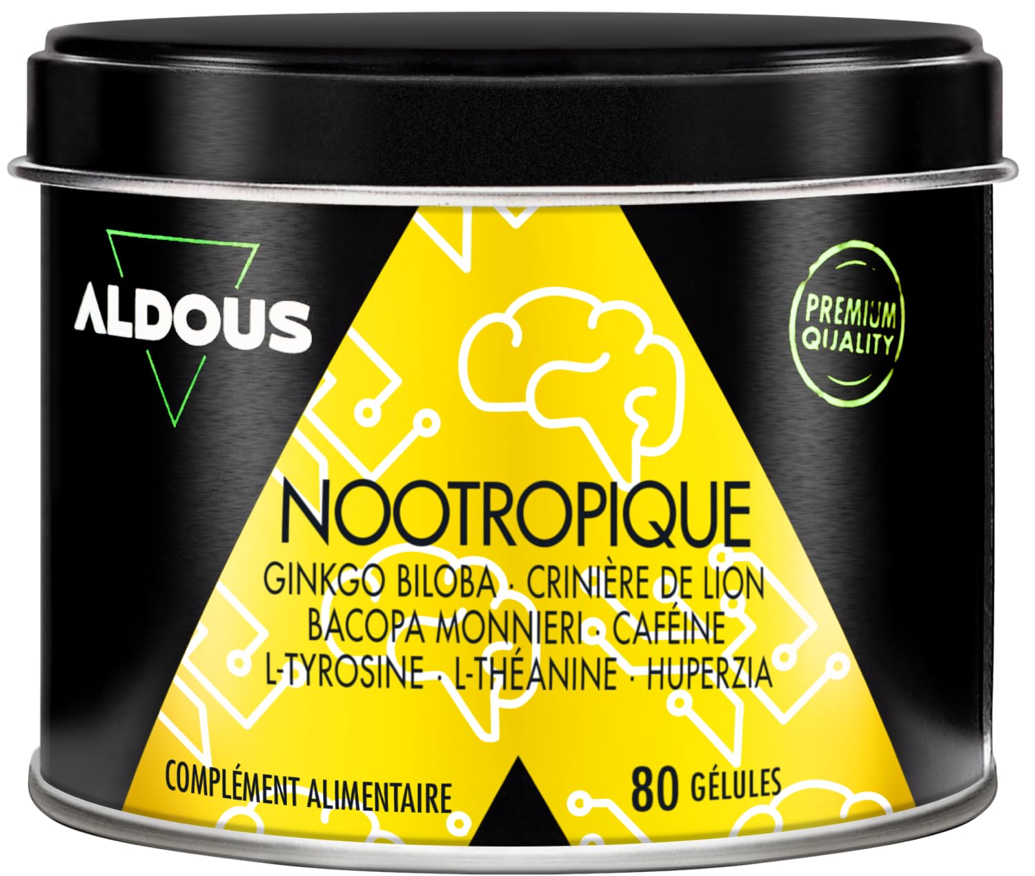 Nootropique Naturel - 80 Gélules - Brain Booster - Focus - Mémoire et Concentration, Énergie - Ginkgo Biloba, Lions Mane, Caféine, Bacopa Monnieri, Tyrosine, Théanine, Huperzia - ALDOUS