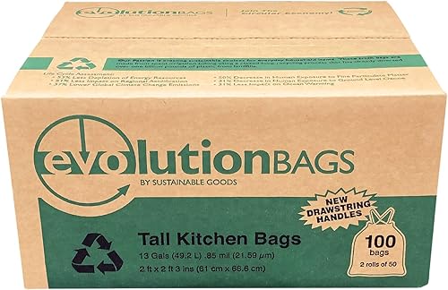 **NUEVO** Bolsa de basura Evolution Tall Kitchen DRAWSTRING, 100 bolsas/caja, fabricada con material PCR certificado al 70%