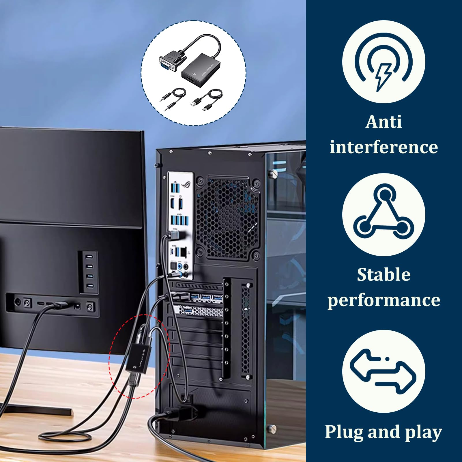 VGA auf HDMI Adapter mit Audio, 1080P VGA zu HDMI Konverter, Stecker zu Buchse mit 3,5mm Audiokabel & USB Ladekabel, Unidirektionales Kabel kompatibel mit Laptop PC Monitor Projektor TV Box HDTV