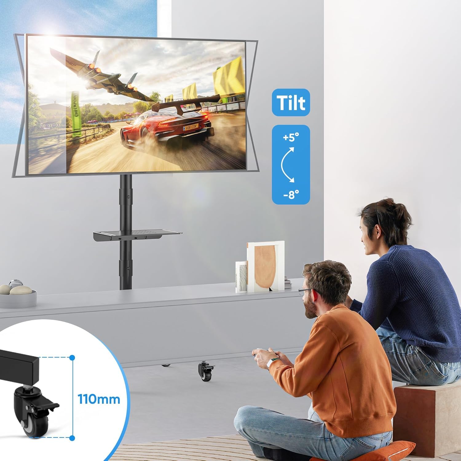 FORGING MOUNT Soporte TV Ruedas para TVs Planos y Curvos de 23-60 Pulgadas, Soporte TV Pie con Ruedas Móvil con Inclinación y Estante para Medios, hasta 45 kg, Máx. VESA 400x400mm