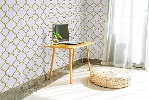 Miniatura 46 de Safiyya Papel tapiz de 118 x 17.7 pulgadas, papel adhesivo verde dorado, autoadhesivo, extraíble, moderno, enrejado, dorado, para dormitorio, Dorado