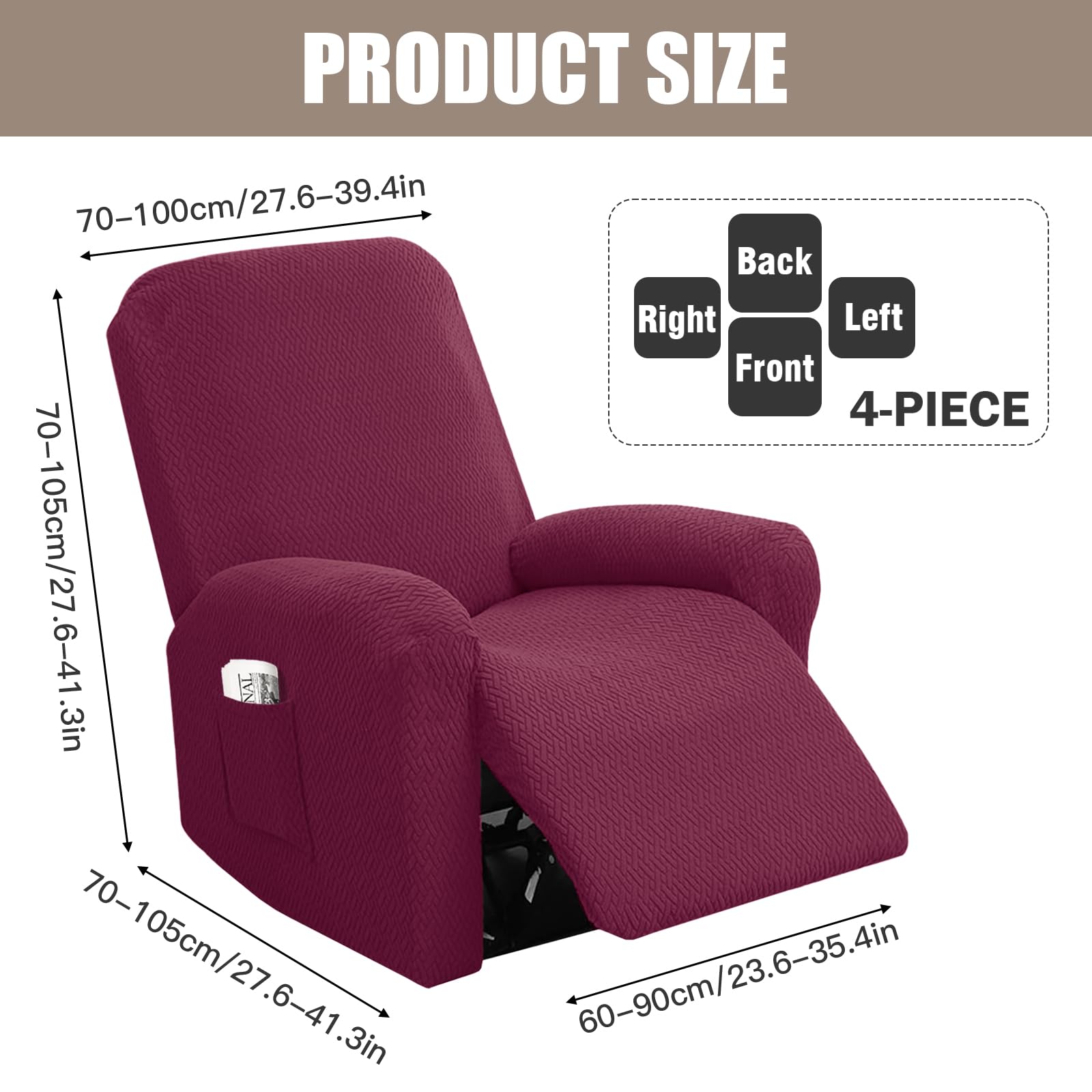 Set di 4 Copri Poltrona Relax Reclinabile, Copripoltrona 1 Posto Elasticizzato con Tasche e Braccioli,Utte le Inclusive Strisce Jacquard, Lavabile (Borgogna)