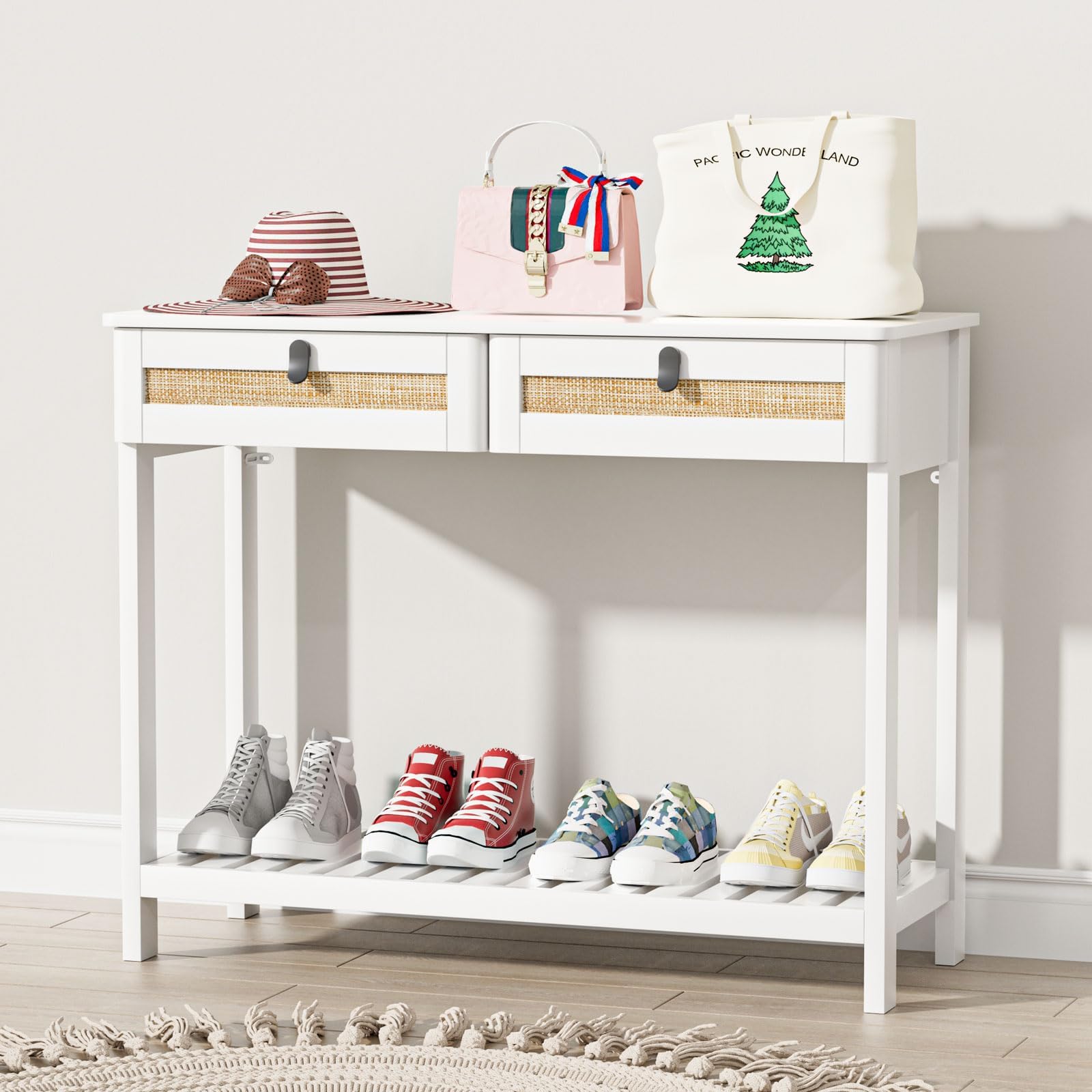 43 Inch Console Table With 2 Drawers & Shelves - Entryway Sofa Table For Living Room, Hallway, Kitchen | Grey Farmhouse Style, Sturdy MDF & Metal
