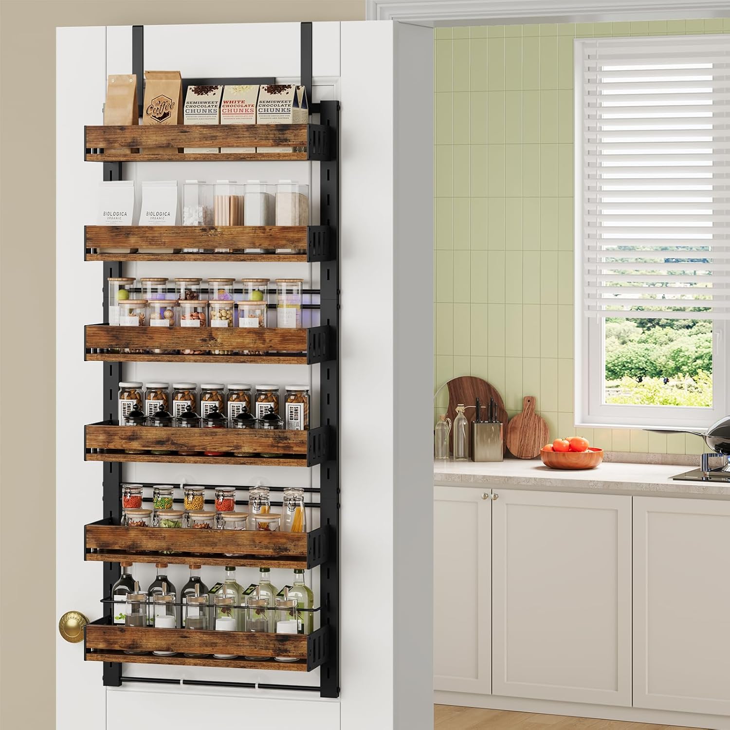 HOOBRO Over the Door Pantry Organizer, 6-Tier Hanging Spice Rack with Adjustable Shelves for Kitchen, Bathroom and Closet Storage, Door/Wall Storage Organizer, Rustic Brown and Black BF60TL01