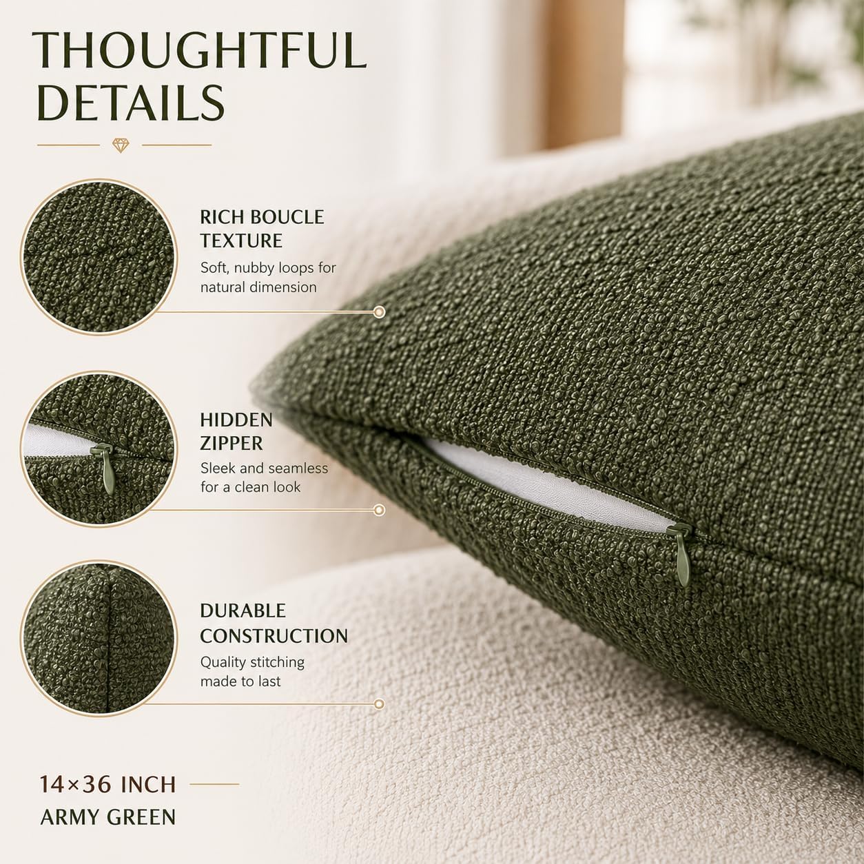 JoraLion Boucle Body Pillow Cover 20x54 inch Army Green