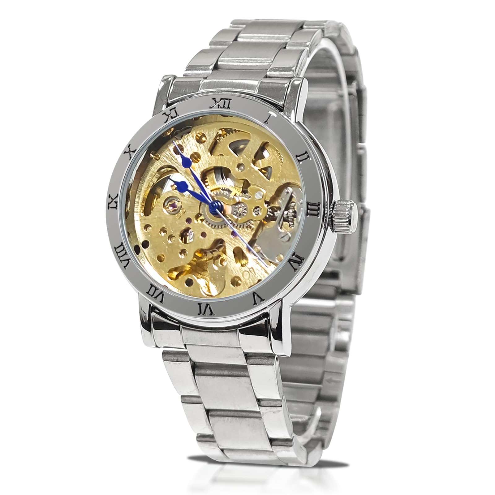 IK Women's Automatic Watch, Steampunk Self Winding Mechanical Bracelet Stainless Steel Wrist Watch for Ladies - Golden Dial-image-27