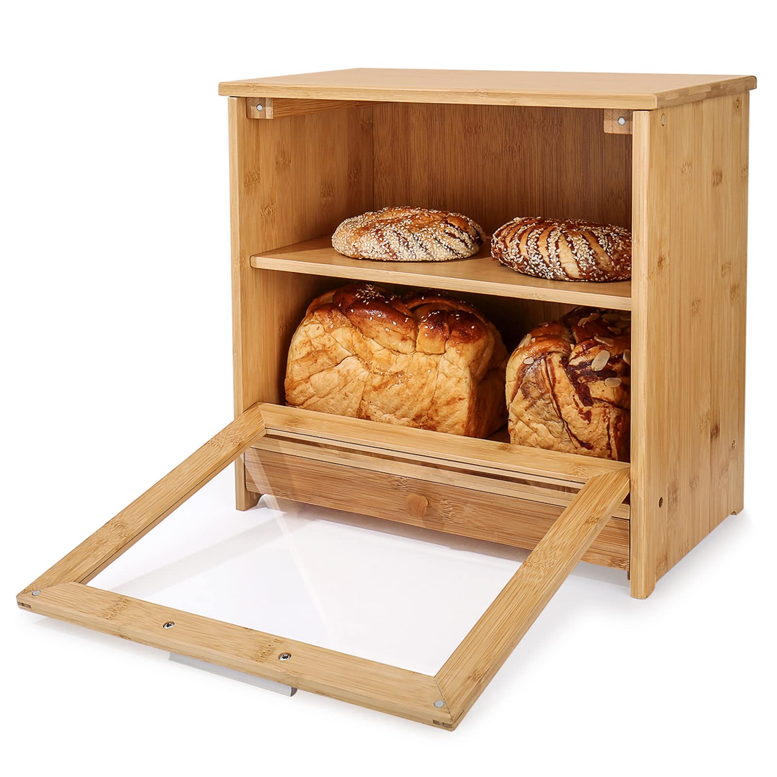 Merysen Large Bamboo Bread Box For Kitchen Countertop, 2 Layer Bread Storage Bin Comes With Clear Front Window And Tool Drawer, Farmhouse Style Bread Bin for Kitchen Counter