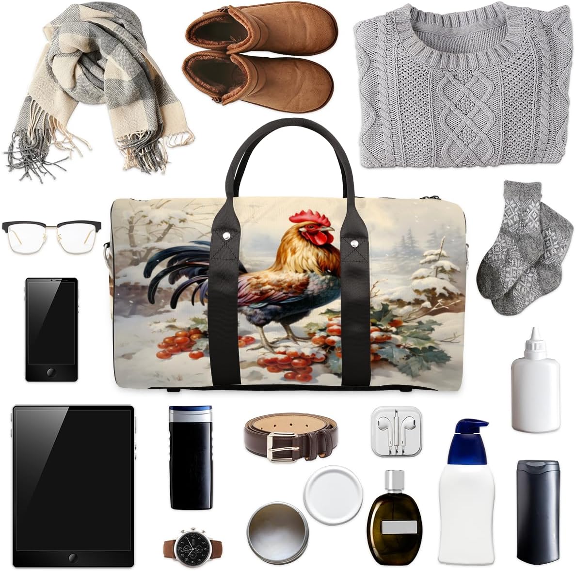 Rooster Berry Snow Travel Duffel Bag for Women Men Large Capacity Overnight Weekender Bags for Lightweight Waterproof Sport Gym Bag for Workout Yoga Swim