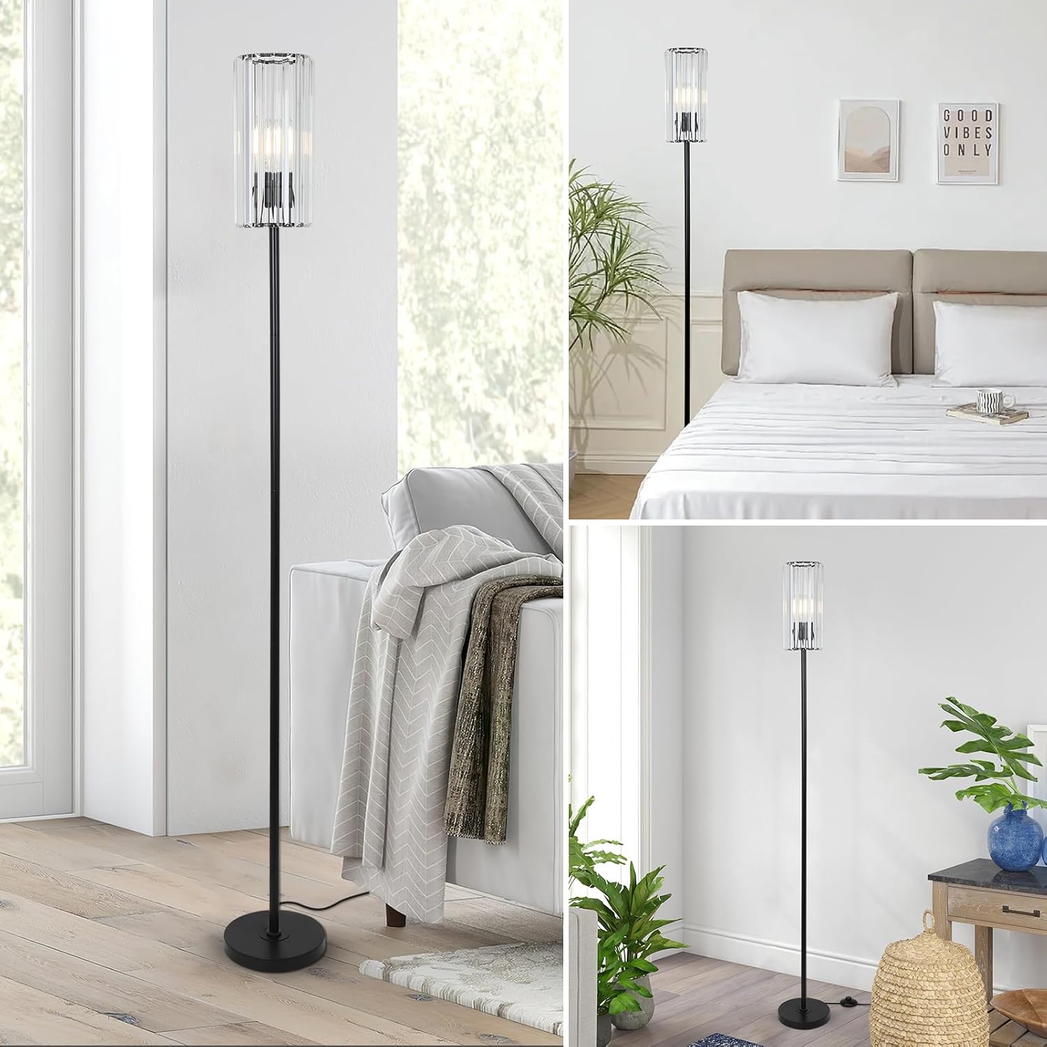HMVPL Black Floor Lamp for Living Room, Elegant Floor Lamp for Bedroom with K9 Crystal Shade, Modern Standing Lamp for Corner with On/Off Switch, Pole Tall Lamp for Nursery Office Home Decor