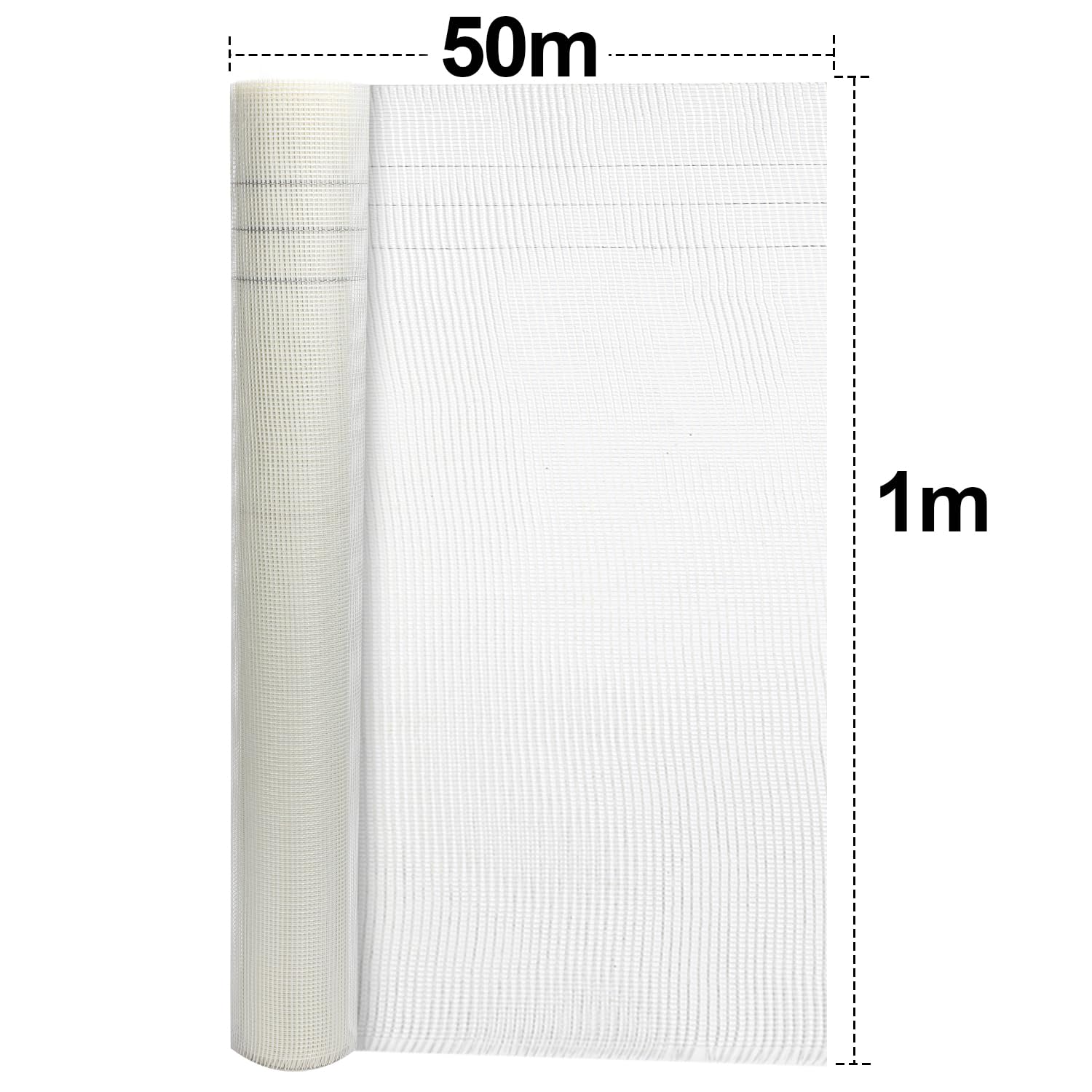 Malla de refuerzo de 160 g/m², 50 m² (1 m x 50 m), tejido de fibra de vidrio para enlucido interior y exterior, aislamiento de fachadas, protección contra grietas, 4 x 4 mm, fuerte cinta de