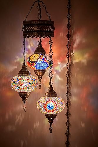 Miniatura 1 de DEMMEX Lámpara colgante de techo con mosaico turco marroquí, 3 globos grandes (enchufe de 3 x 7 globos)