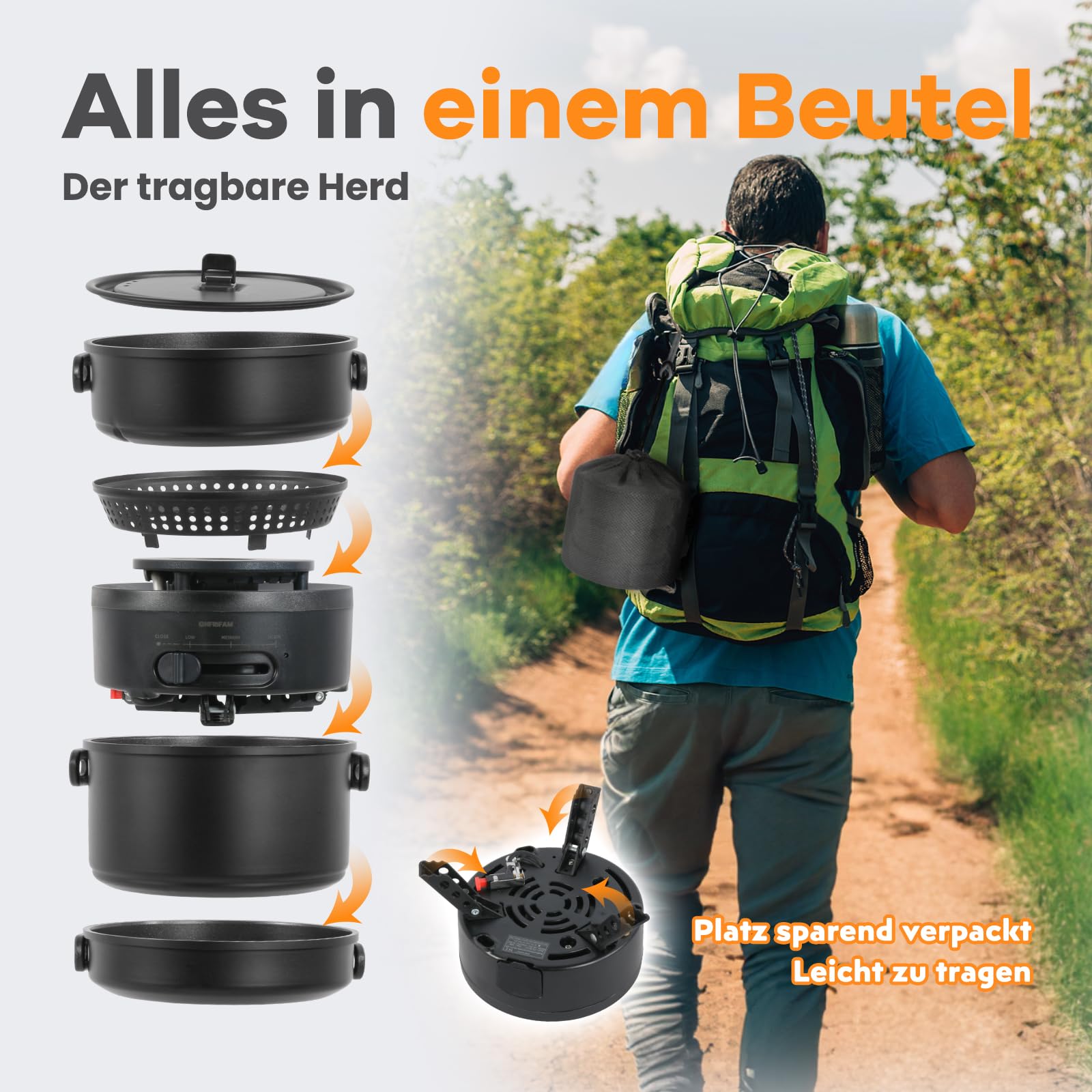 Camping Kochgeschirr Set für 2-4 Personen, 2 IN 1 Elektro und Gaskocher, Kombiniere 700W Elektrische & 2200W Gas, Camping Geschirr Campingkocher für Wohnmobil, Drinnen, Draußen