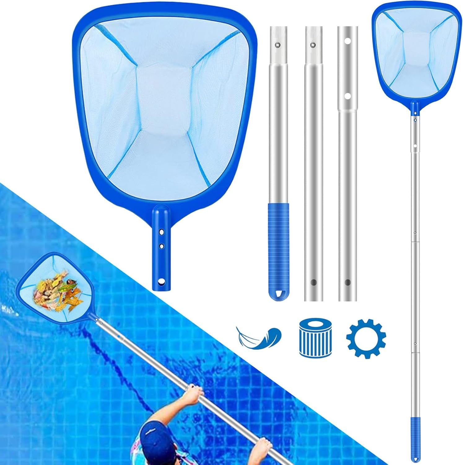 Rastrillos para Piscinas, Profesional Red Recogehojas para Superficie de Piscina, Red Piscina con Poste Telescópico,Piscina Net Leaf Skimmer Recogehojas para Piscinas para Piscina,Estanque,Fuente,SPA