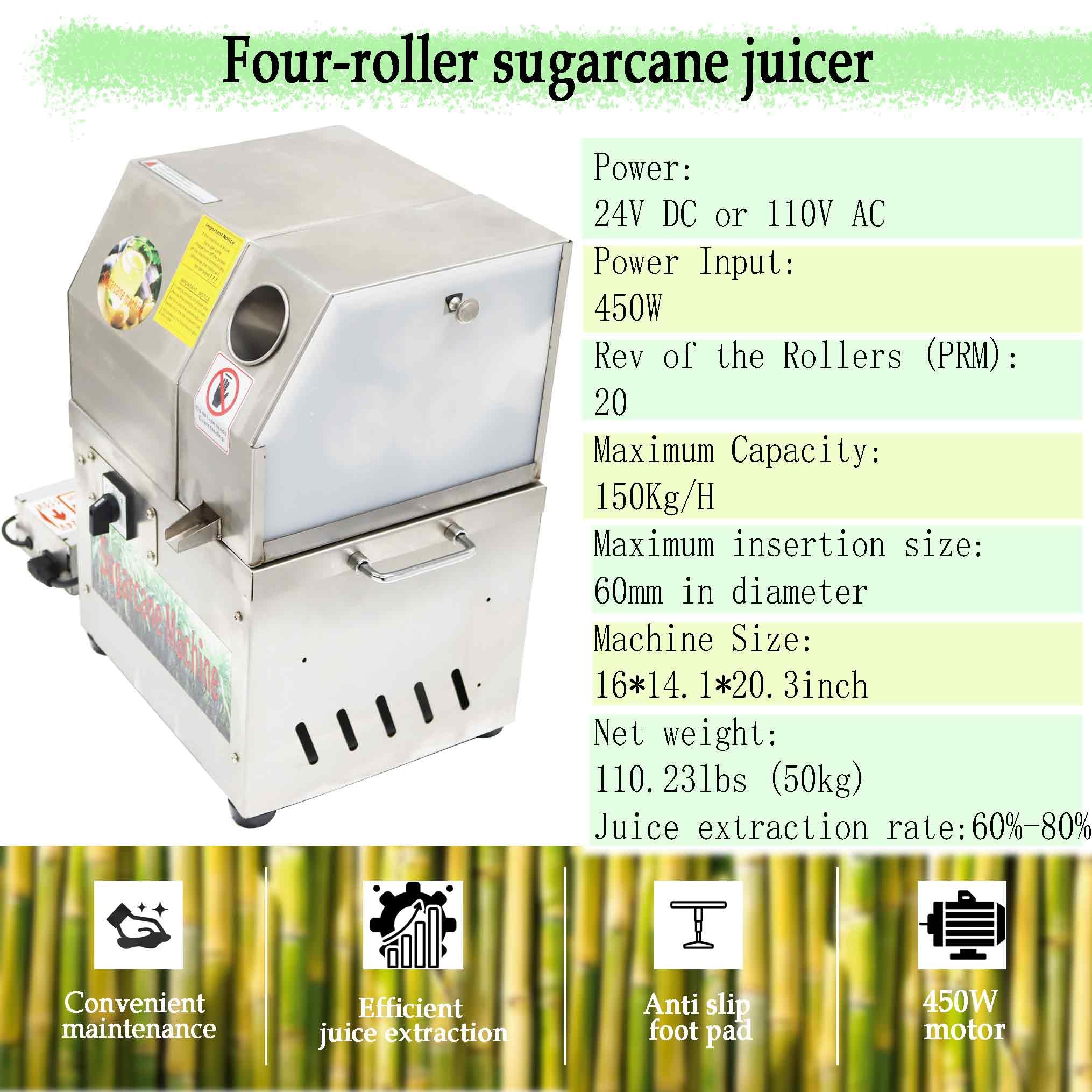 Exprimidor eléctrico vertical de jengibre de caña de azúcar de 110 V/24 V con 4 rodillos, alto rendimiento de jugo, capacidad de trituración de caña de azúcar de 330.7 lbs/H, exprimidor de 2