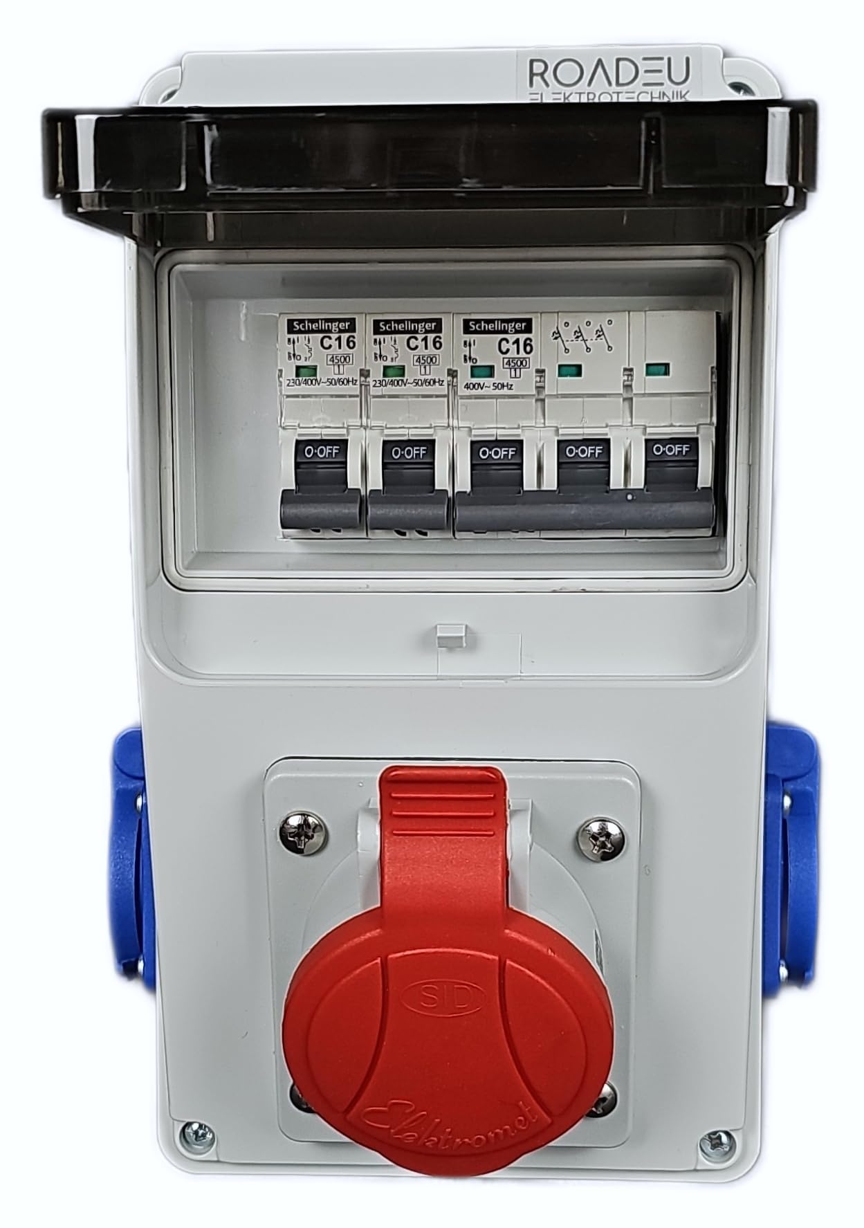 RoadEu - Stroomverdeler, met zekeringen. CEE 16A 5P en 2x 230V met C16A 3P en 2x C16 1P stroomonderbrekers. IP44 Schakelbord voor werkplaatsen en fabrieken, binnen en buiten