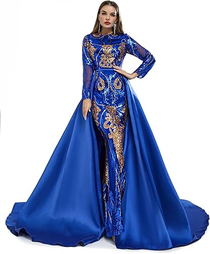 Vestido de fiesta de noche de sirena de manga larga para mujer, con lentejuelas largas
