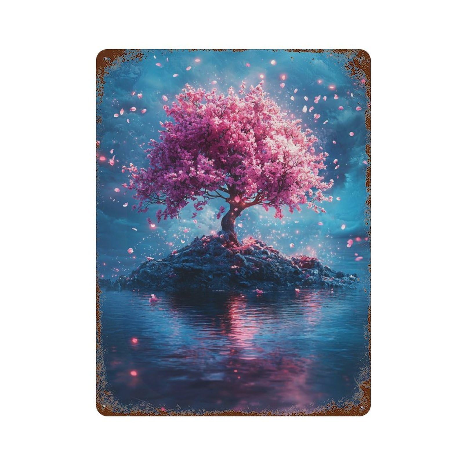 Cherry Blossom Island Fantasy Weathered Tin Sign 15.7"x11.8", Classic Wall Plaque for Garage, Bar And Workshop Decor