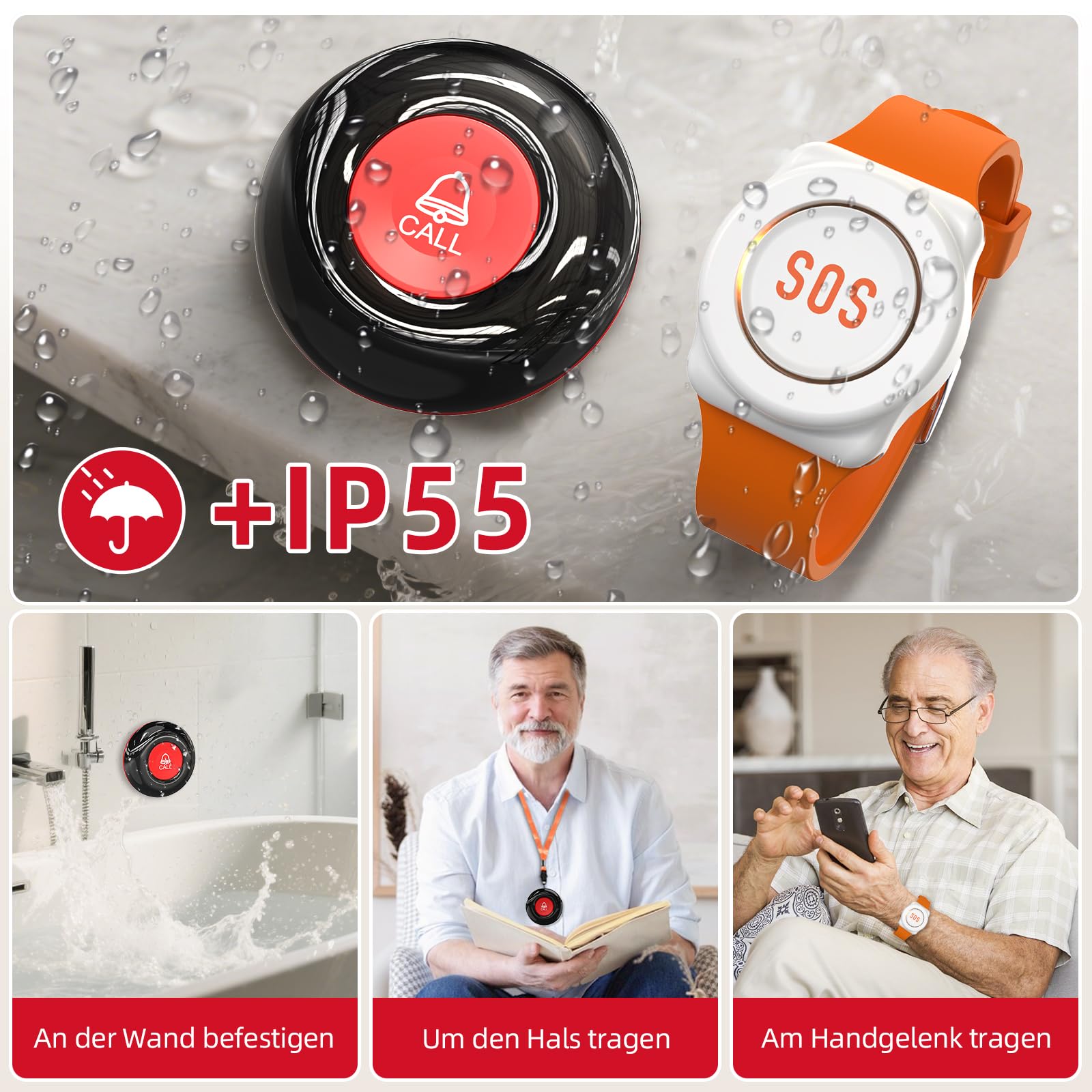 CallToU WiFi Tuya Smart Notfallknopf für Senioren,tragbares Notfallarmband Notrufknopf für Senioren,Hausnotruf mit 1 Notfallknopf,1 Armband,1 Empfänger für Senioren,Behinderte,Kinder