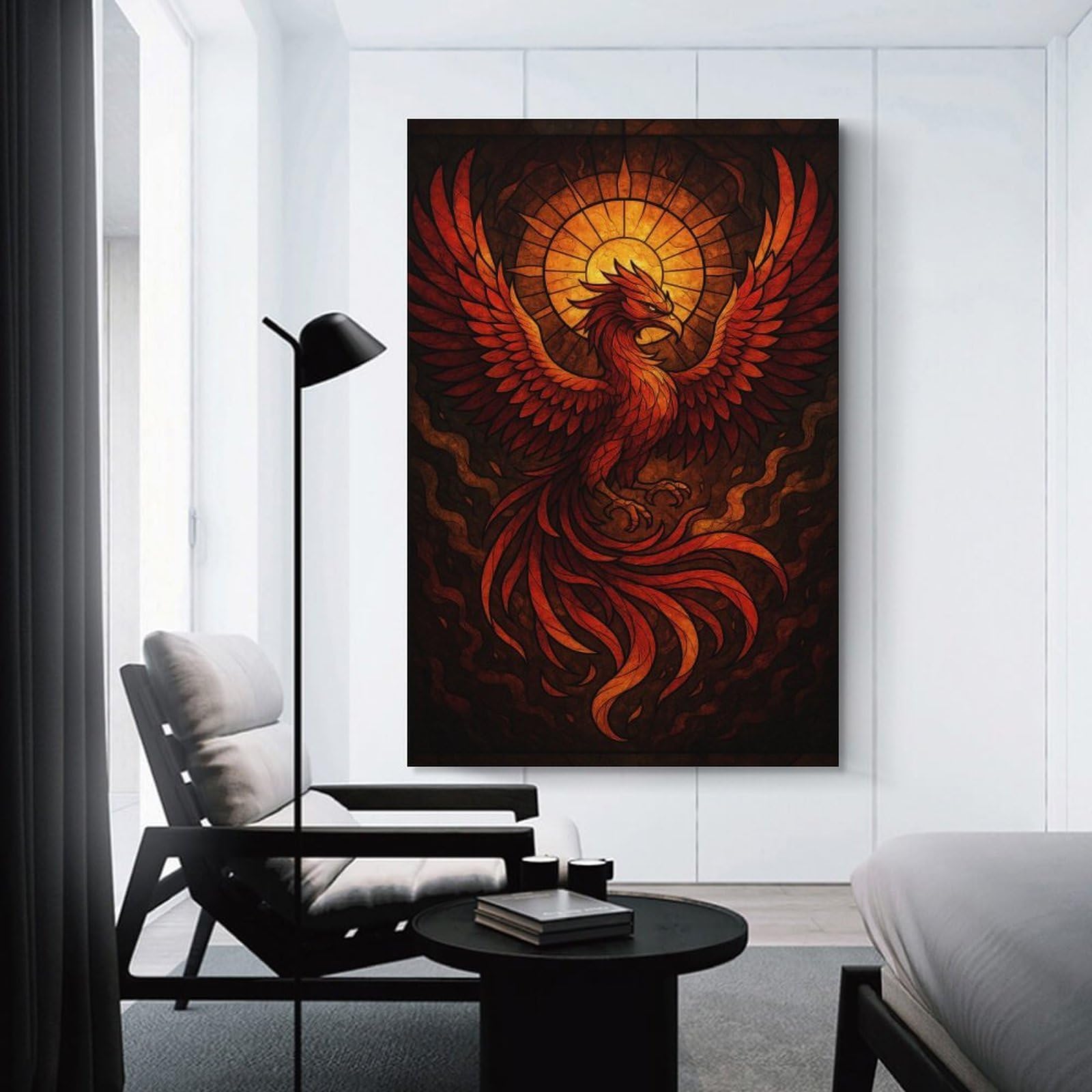 Junmoney Unframe-Style-20 Phoenix Rising Stained Glass Art Canvas Wall Decor, 16X24inch(40X60cm), For Wall Displays, Bedrooms Or Room Updates, Wall Decor Suited To Curated Displays