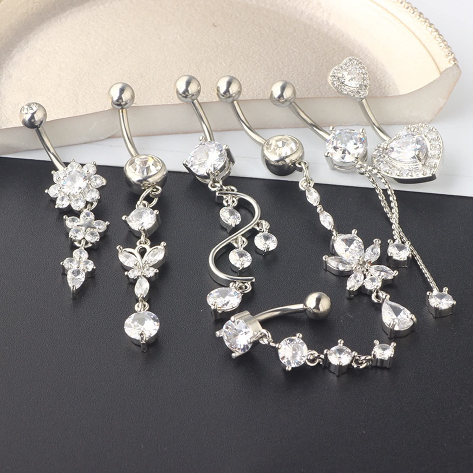 Bauchpiercing, Bauchnabelpiercing Glitzer Edelstahl 7 Stück 14G Weiß Herzform Zirkonia Blumen Rundes Herz Anhänger Design