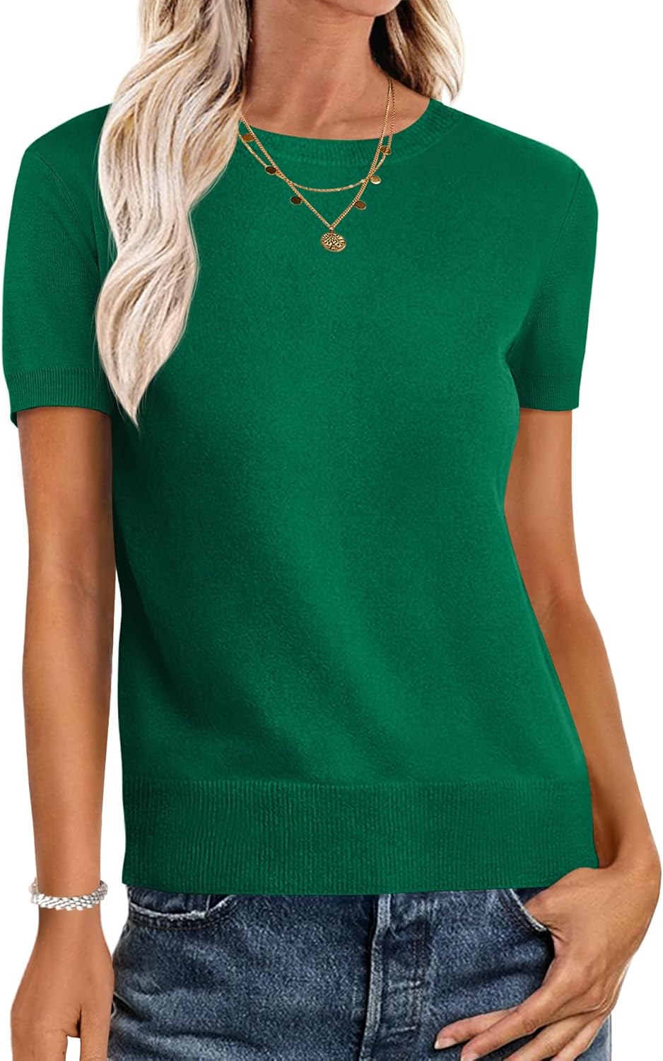 ANRABESS Womens Short Sleeve Sweaters Wool Blend Crew Neck Sweater Shirts Business Casual Work Tops 2025 Summer Outfits
