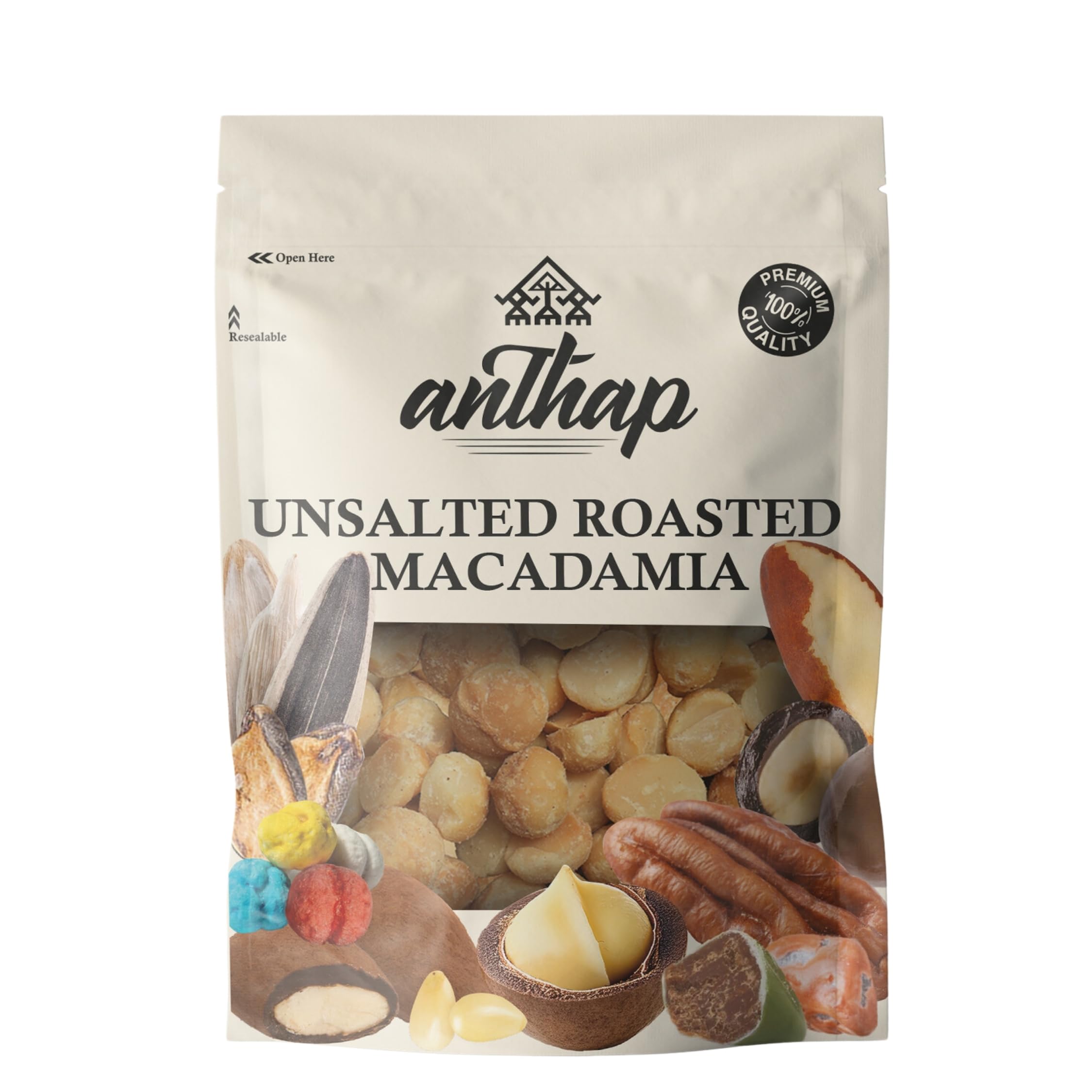 Anthap Unsalted Roasted Macadamia Nuts, Freshly Roasted, Keto, Vegan, Dairy Free, Healthy Snack, 100% Natural, No Salt, Tasty, Rich in Fibre and Protein, 300g