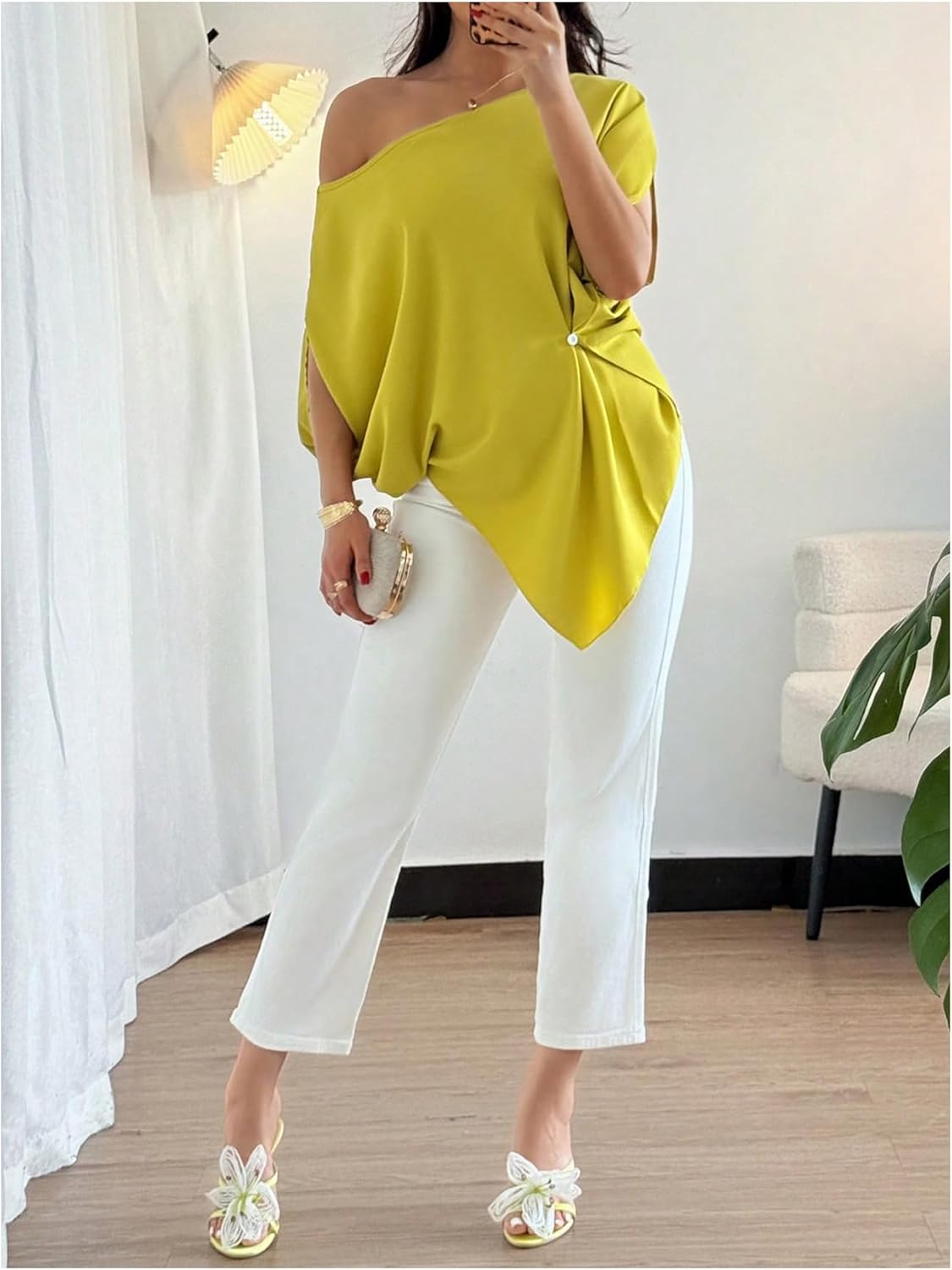 SHENHE Women's Off Shoulder Dolman Sleeve Blouses Casual Asymmetrical Hem Loose Flowy Tops - Image 5