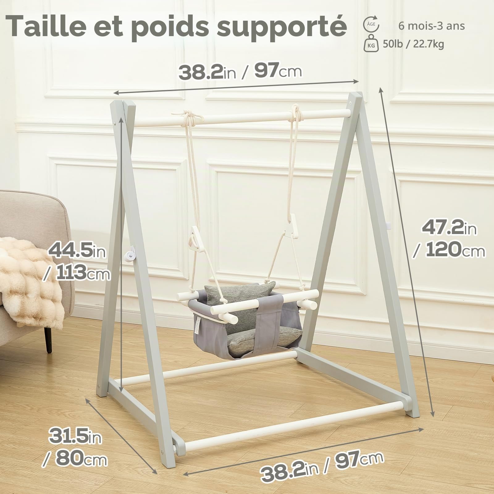 FUNLIO Balançoire en Bois Pliable pour Les Enfants de 6 à 36 Mois. Fabriquée en pin Durable, Portable avec 4 Sacs de Sable et des Sangles d'extension. Utilisation intérieure/extérieure - Gris