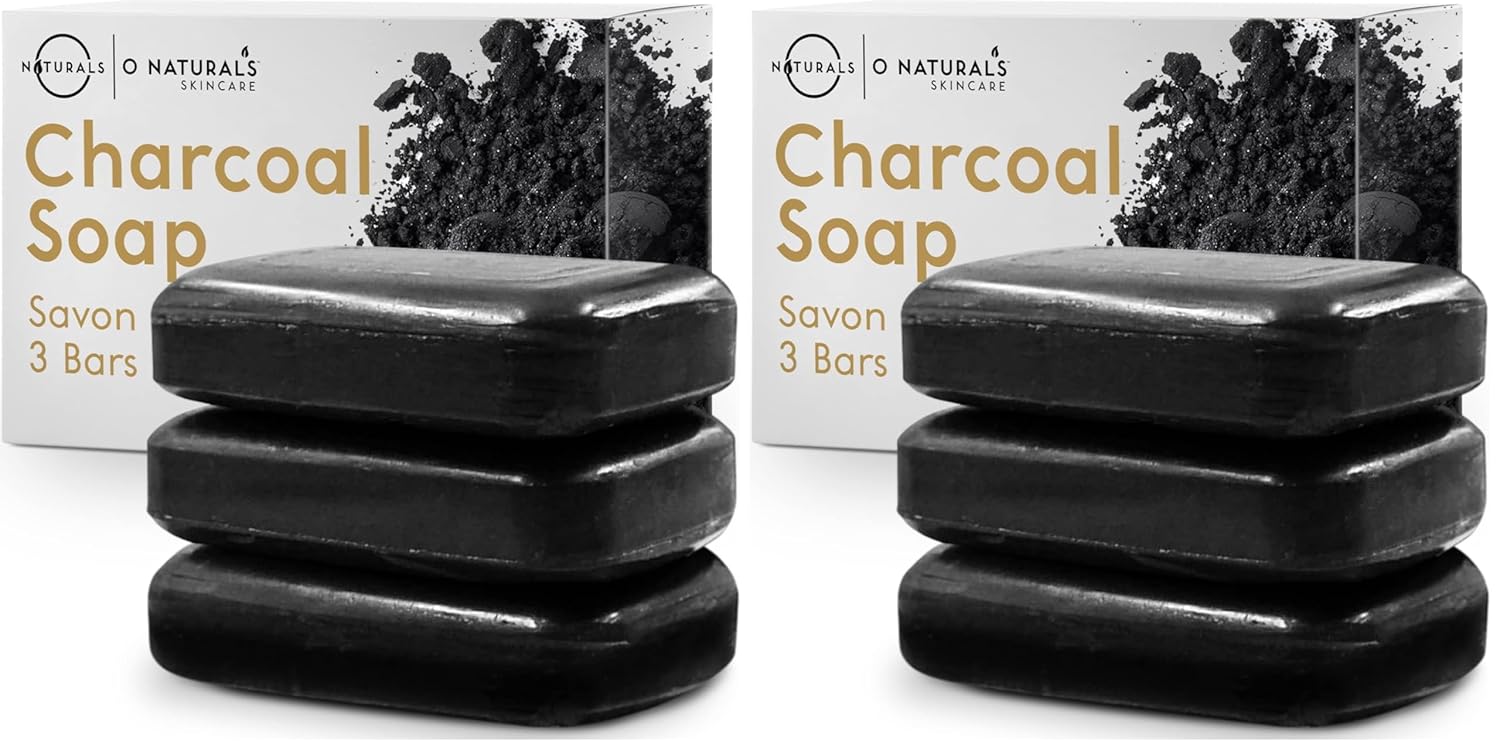 O NATURALS 100% Natural Bar Soap - Gift Set - Organic Ingredients & Essential Oils - Spa Gifts for Women & Men, Body Wash & Face Soap - 3PC Charcoal Soap (Pack of 2)