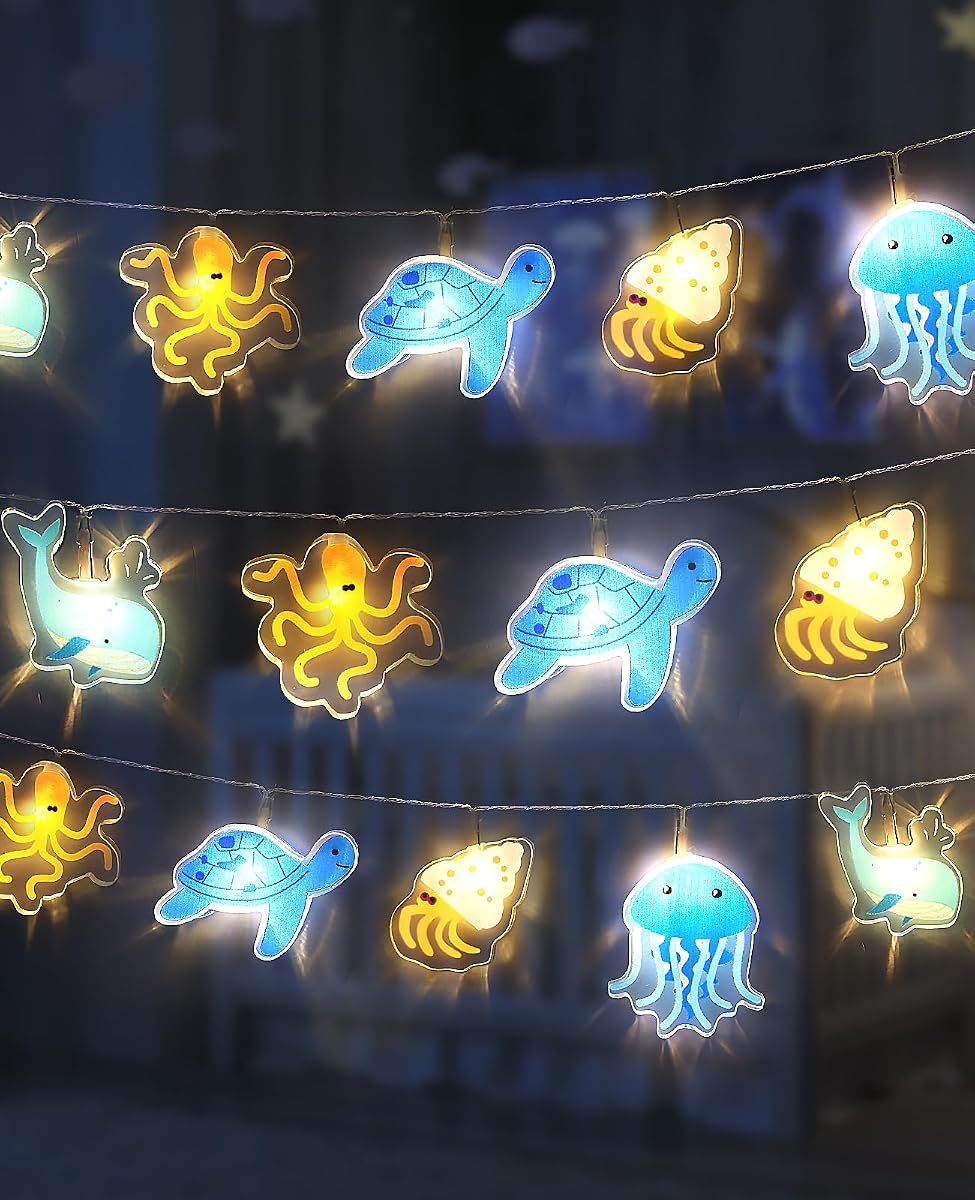 AceList Ocean String Lights 20 LED Mixed Marine Animals – Sea Turtle Whale Jellyfish Decor for Bedroom Classroom, Battery Operated Acrylic Nautical Beach Theme Party Decorations
