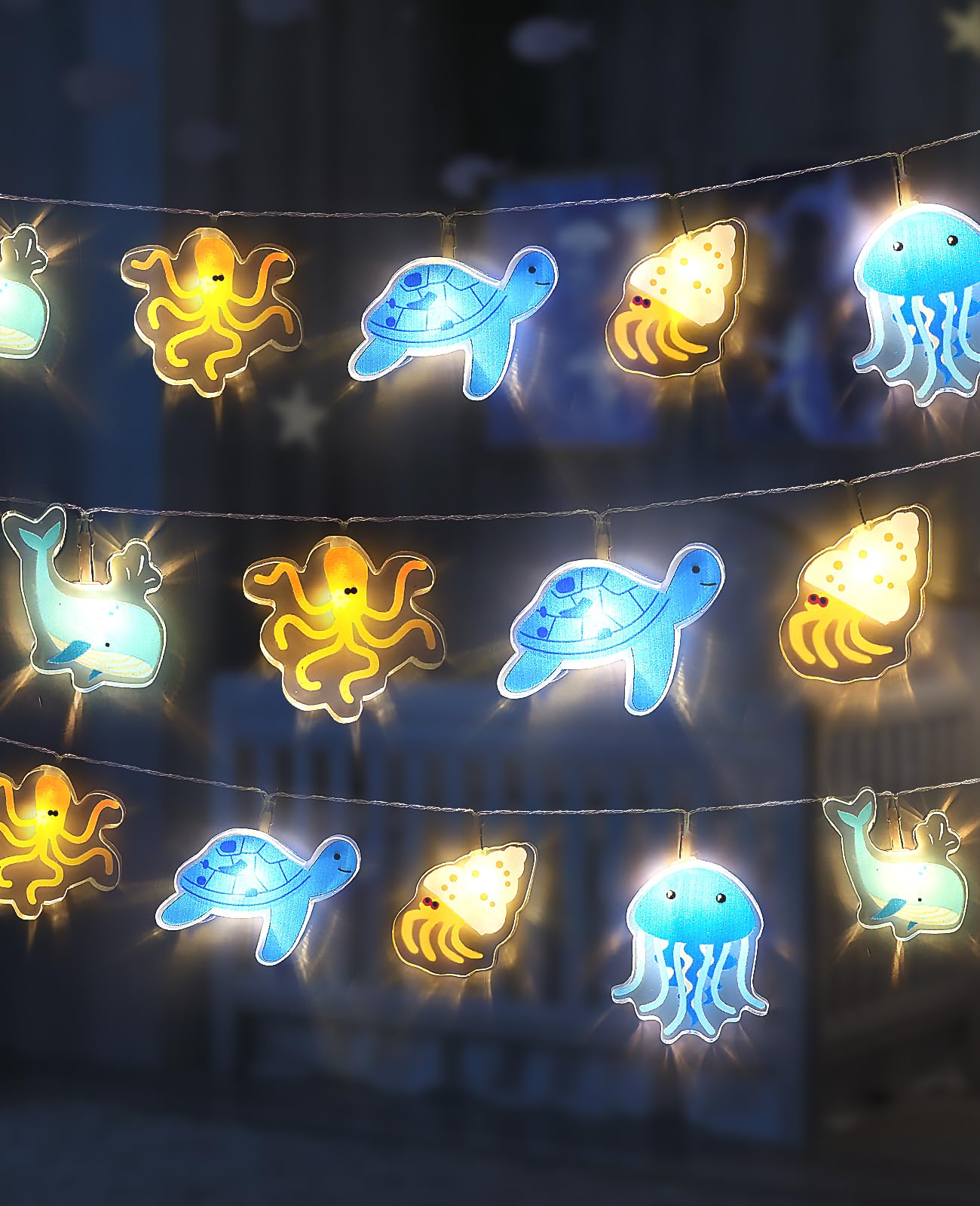 AceList Fairy Lights Children's Room Sea Animals (20 LEDs, Approx. 3 m) - 5 Acrylic Motifs - Battery Operated & Warm White - Shatterproof Night Light Decoration for Boys and Girls (House Bed, Teepee)