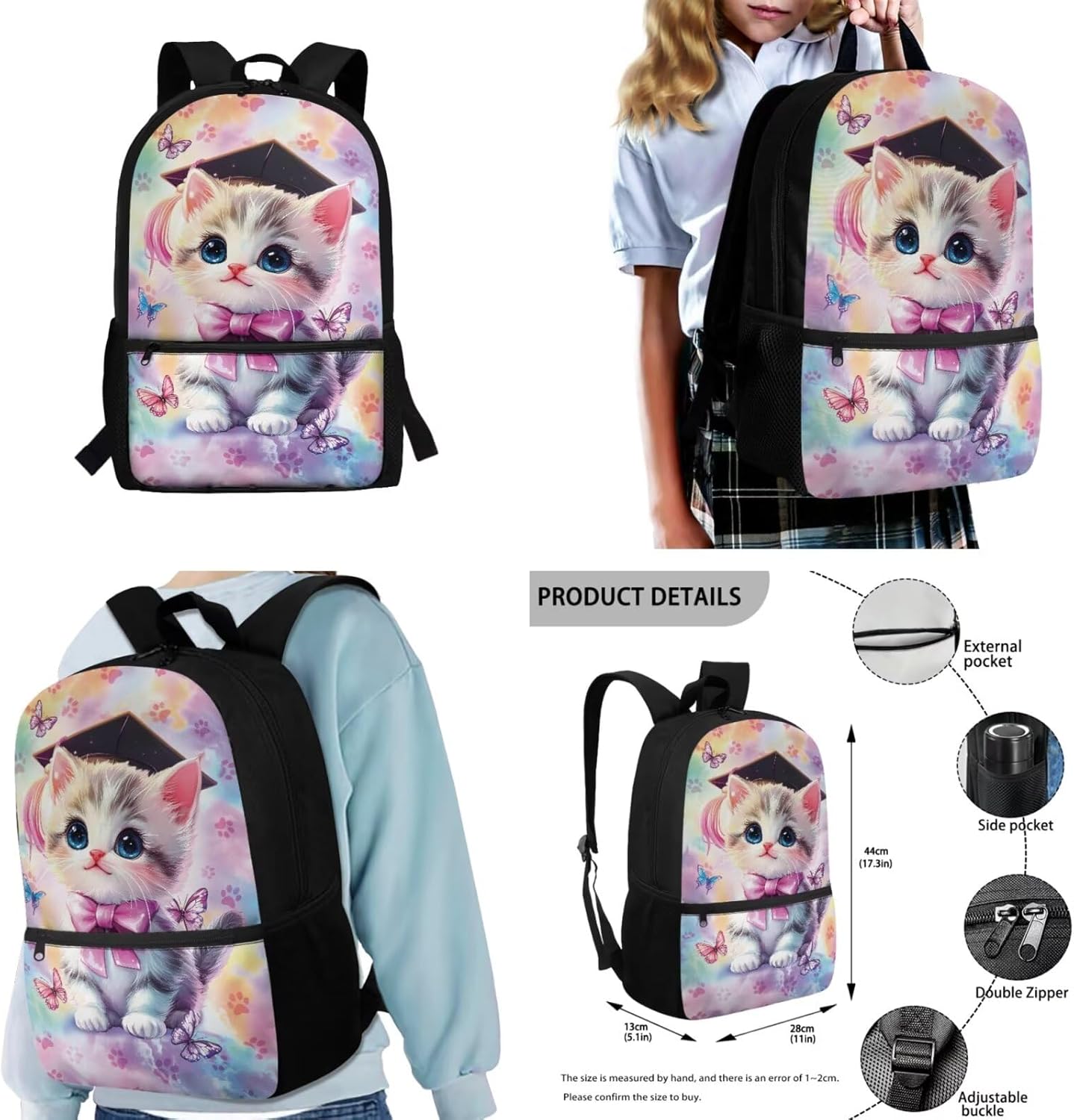 COEQINE Cat Backpack With Lunchbox Set Kids School Bag with Lunch Bag Pencil Case Water Bottle Holder Elementary Schoolbags Rucksack Travel Daypack Set 4 in 1