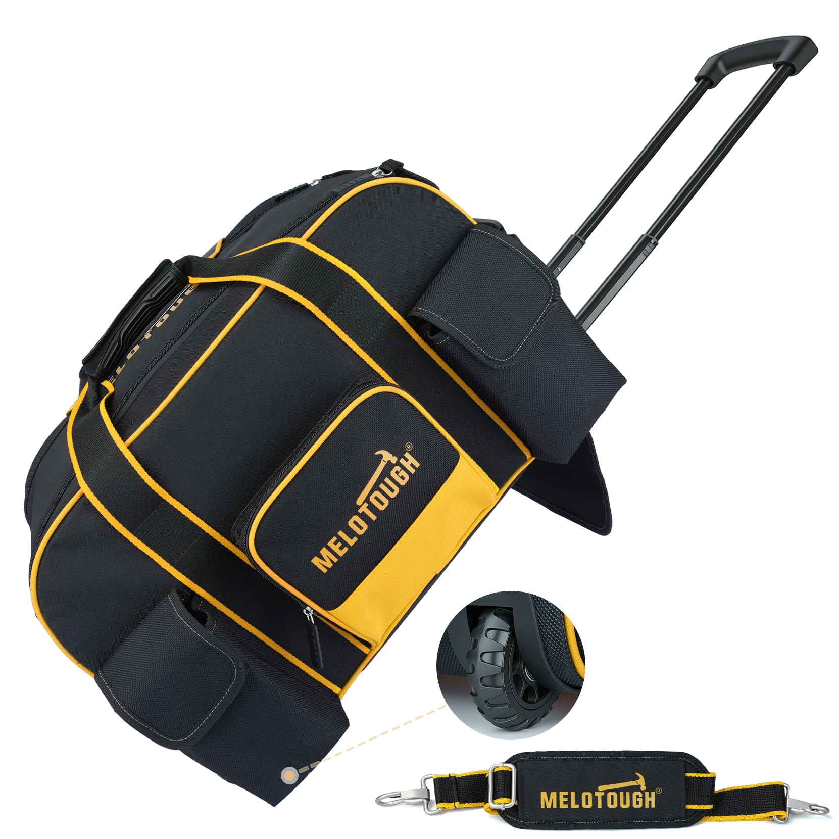MELOTOUGH Sac à outils à roulettes robuste avec poignée télescopique dissimulée, grande capacité, plusieurs poches pour électricien, CVC, construction, charpentier (jaune)