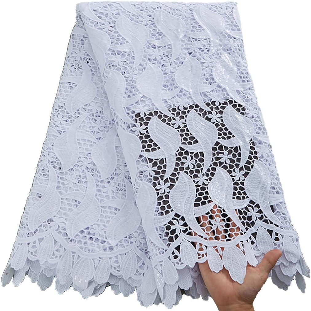 African Lace Fabric 5 Yards, French Jacquard Embroidery Water Soluble Solid White Lace Fabric for Party Wedding Dress