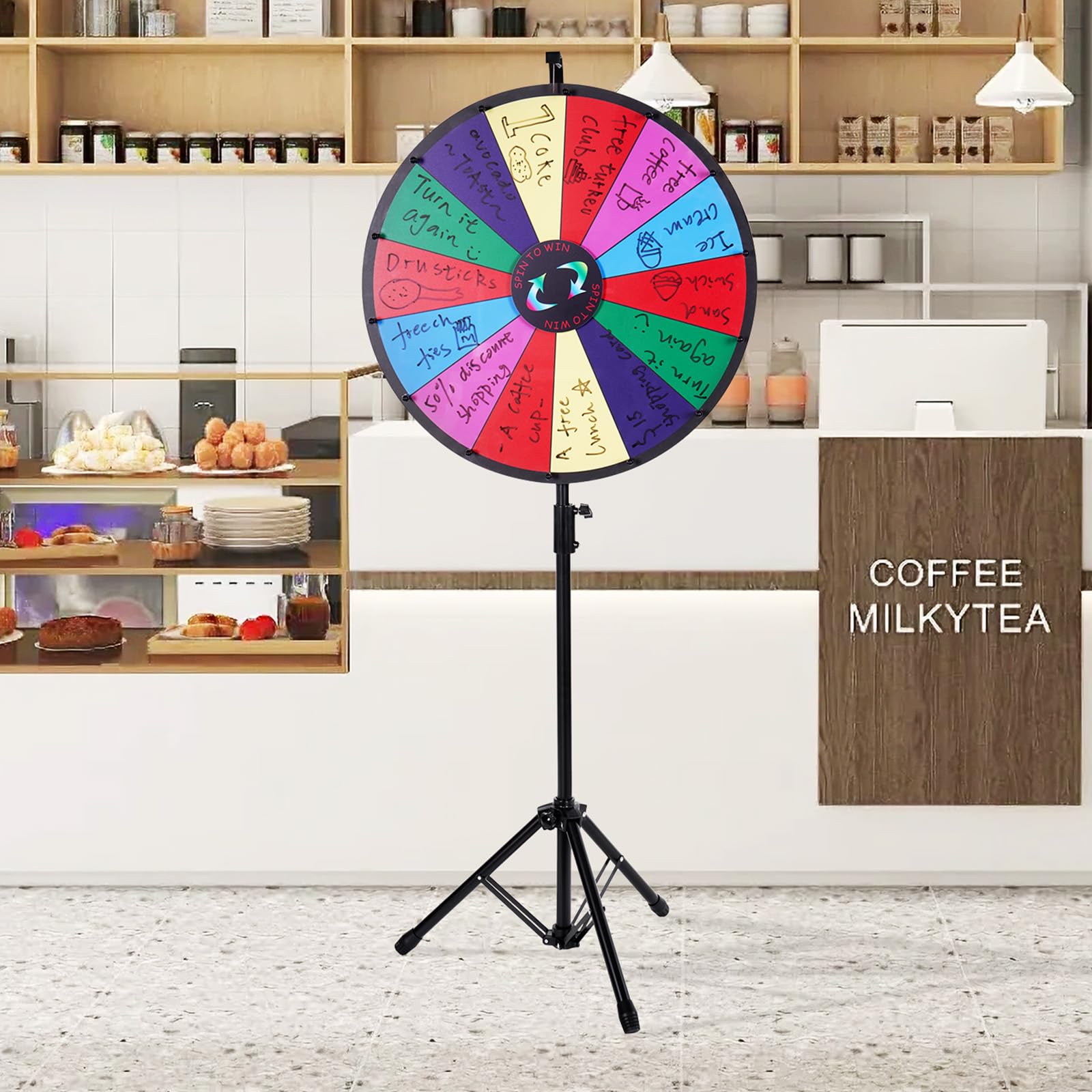 VEVOR Glücksrad 601 mm 14 Fächer Höhenverstellbarer Ständer 1125-1530 mm Rouletterad Aufbewahrungstasche