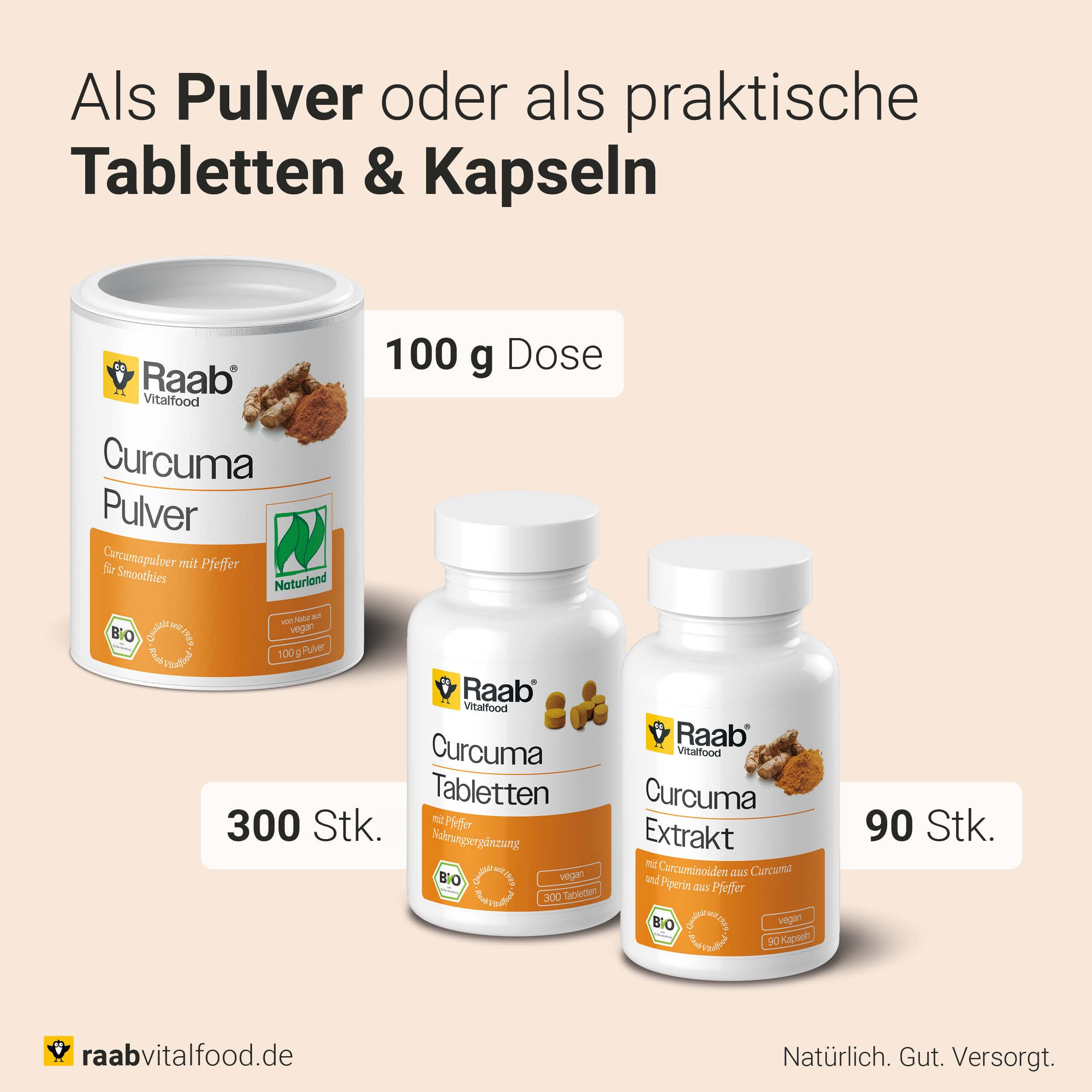 Raab Vitalfood® Bio Curcuma Extrakt Kapseln (90 Stück) - enthält Bio Curcuma Extrakt, Piperin und Curcuma Pulver, standardisierter Curcuminoidgehalt (150 mg pro 2 Kapseln), vegan, glutenfrei